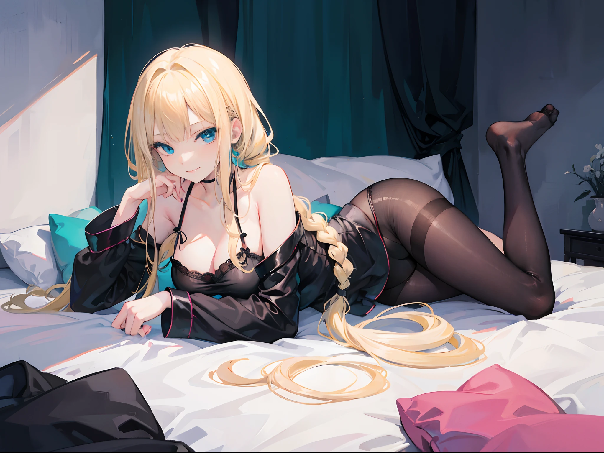 18-year-old blonde girl, Turquoise eyes, long-haired,Braid left and right, Black pajamas, Black Pantyhose... seductive pose........lyin in bed...With a slightly smiling face............