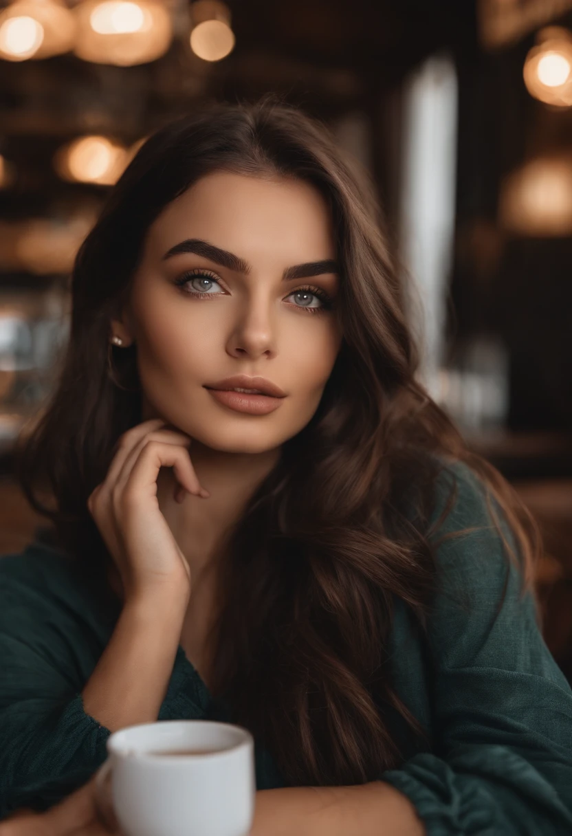 femme brune , fille sexy aux yeux bruns, Portrait Sophie Mudd, cheveux bruns et grands yeux, Selfie d'une jeune femme, Yeux en amande, Violet Myers, sans maquillage, looking straight at camera, Visage avec Artgram,  , in a cafe