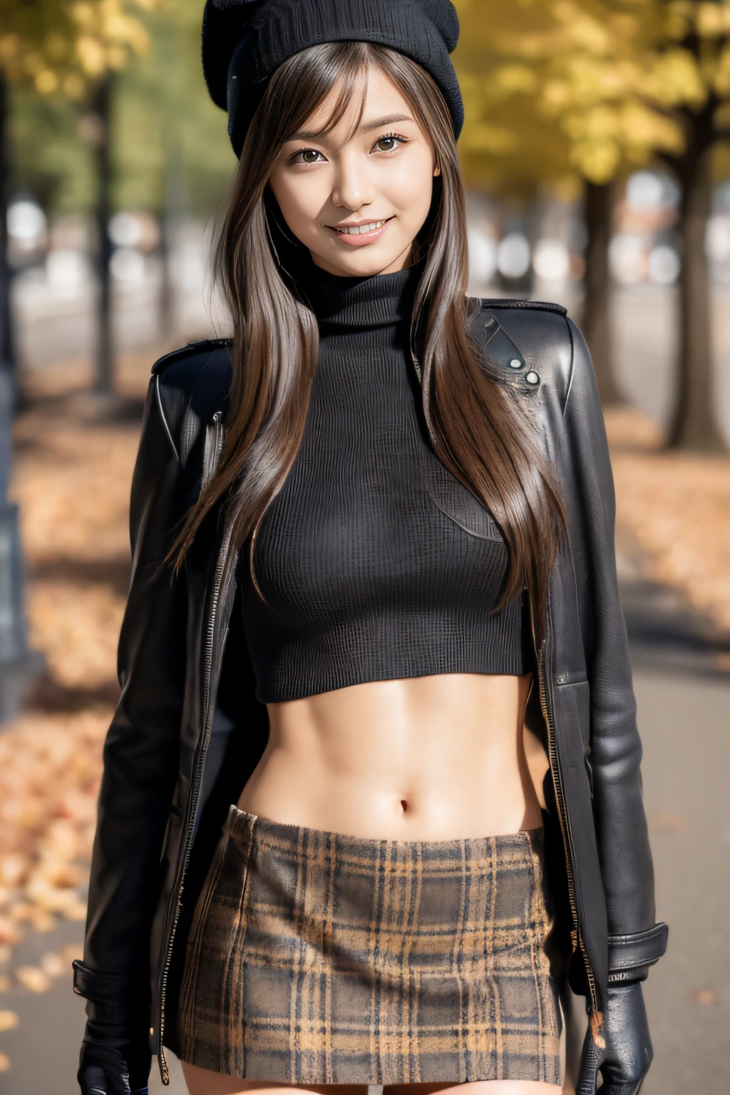 (Masterpiece:1.3), (8K, Photorealistic, Raw photography, Best Quality:1.4), (1girl), Beautiful face, Realistic face, (Detailed face), Beautiful hairstyle, (Detailed hair), Realistic eyes, (Detailed eyes), Beautiful details, Realistic skin, (Detailed skin), Beautiful skin, Attractive, Ultra high definition, A hyper-realistic, Very detailed, (medium breasts:0.5), Japanese beauty, (slim figure), (                       Brown turtleneck top:1.5, black down jacket:1.5, knitted hat:1.5, gloves:1.5, red and black tartan skirt:1.5, black knee-high tights:1.5, short boots,                 ), cute young Japanese girl, pretty young Japanese girl, (gray gradation background)