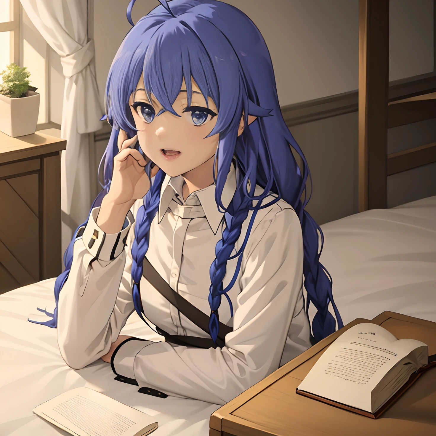 best quality, (masterpiece:1.2), detailed, 1girl, solo, open mouth, light smile, twin braids, long hair, blue hair, ahoge, blue eyes, white shirt, collared shirt, sitting, on bed,(looking at the viewer), indoors