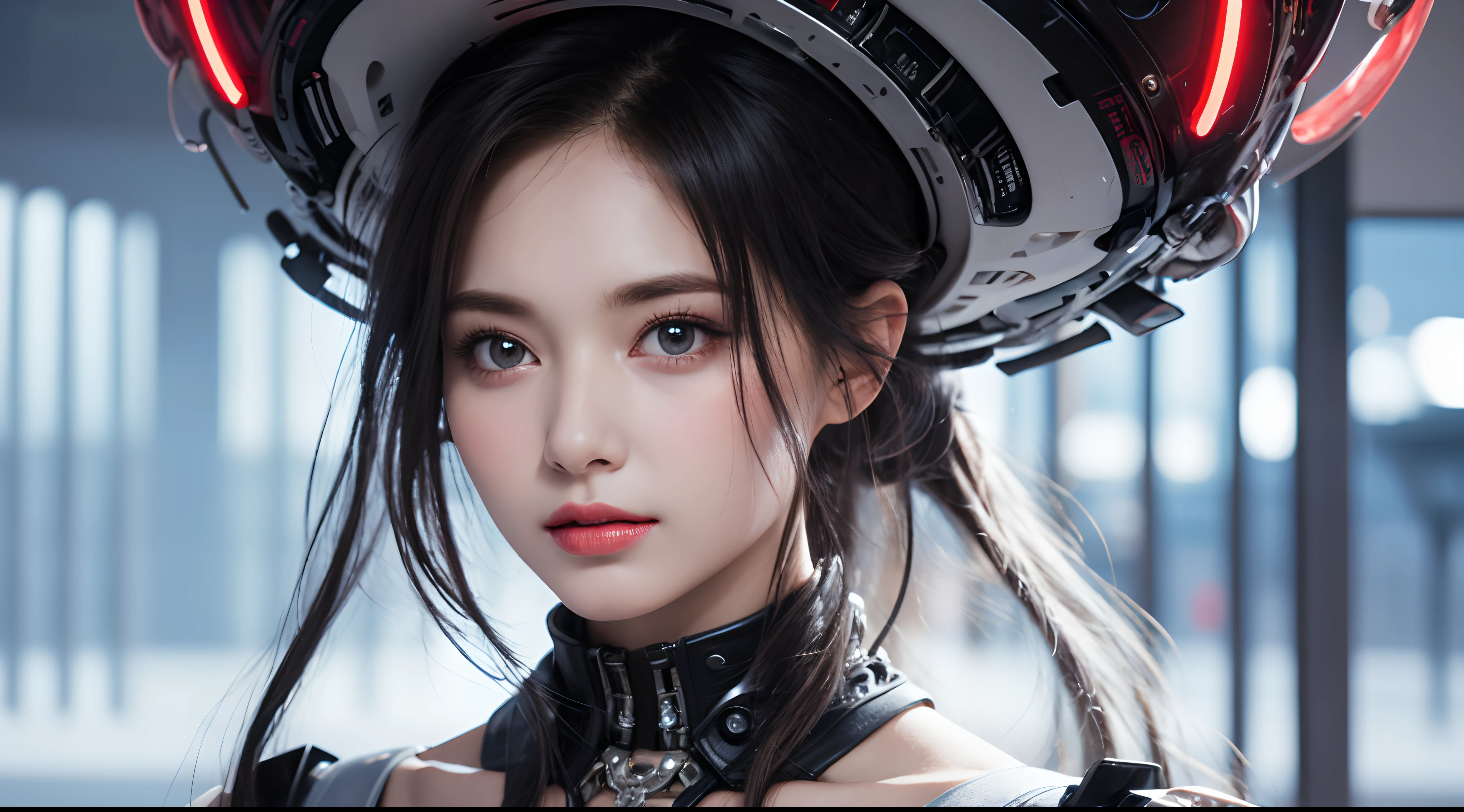 A close-up head and chest portrait of a pretty and cute woman, her chest adorned with pneumatic tubes that give her a unique and futuristic appearance. The highly detailed digital rendering captures every aspect of her beauty, from her delicate features to the intricate tubes.