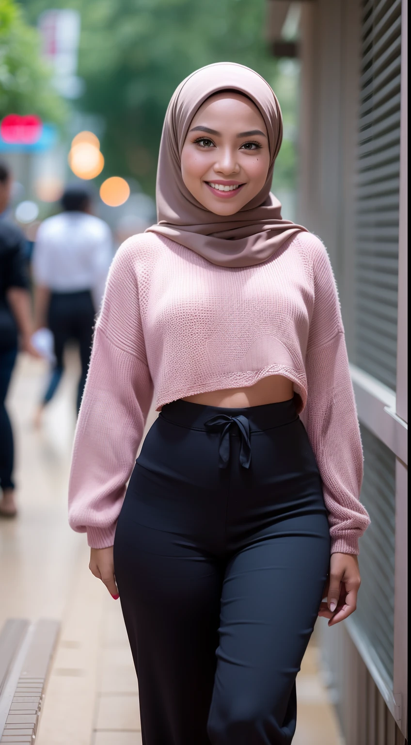 Malay girl in hijab wear big oversized loose hoodie and high waist pants, seating, wear back pack, front view, detail skin, detail skin texture, mole below eyes, small breast, big hip, big waist, big thigh, slim abs, beautiful body, evening, laughing, happy, bright lighting, blur background, bokeh,