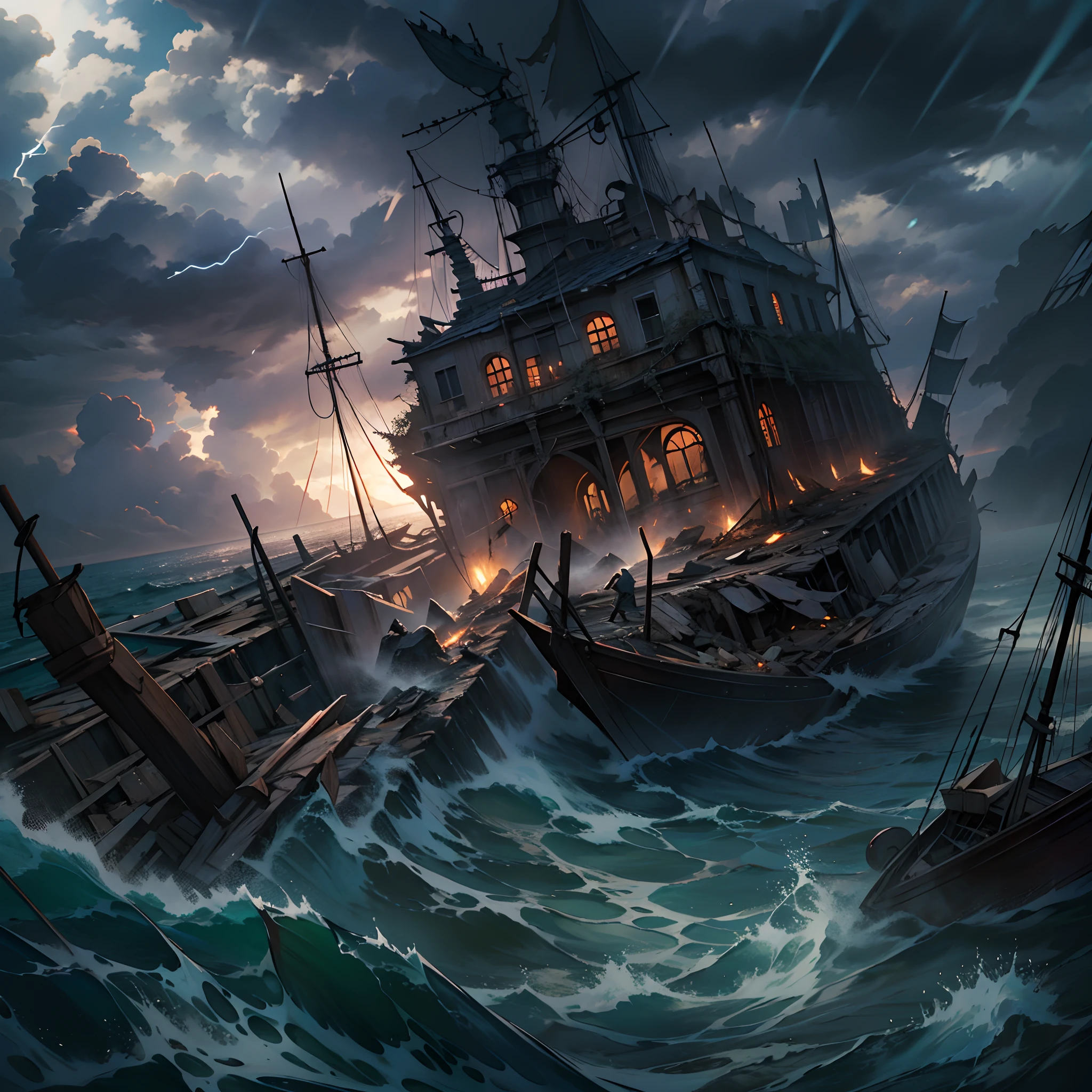 A painting of a ship in the middle of a storm - SeaArt AI