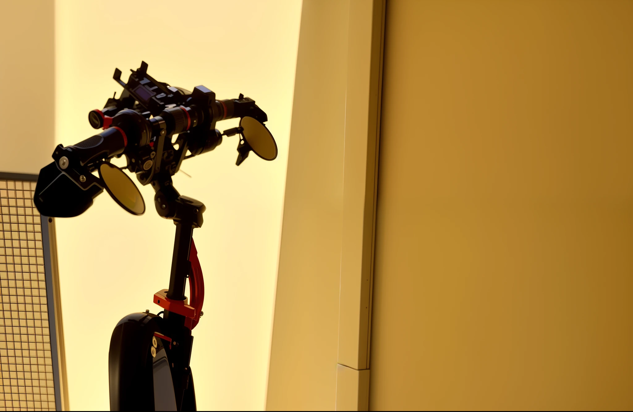 There's a scooter that's sitting on the floor in the living room, scooter personalizado, apenas preto e vermelho, vista do lado, nice afternoon lighting, perfect crisp sunlight, tiro traseiro, tiro em perspectiva, medium shot taken from behind, apenas preto e vermelho!!!, taken with sony a7r camera, tiro largo detalhado, angle view, vista lateral