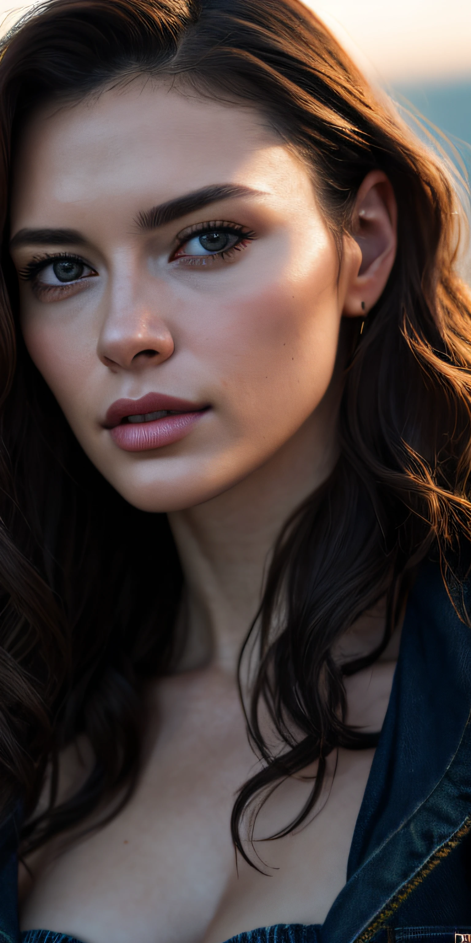 Full face portrait photo of a 25-year-old European girl, RAW, beautiful woman, semi-open strawberry lips, dimples, wistful look, (extra long wavy brown hair), ((detailed face)), ((detailed facial features)), (finely detailed skin), pale skin, (deep neckline detailed high-tech cyberpunk dress), cyberpunk megacity environment, (cool colors), damp, damp, reflections, (masterpiece) (perfect proportion)(realistic photo)(best quality) (detailed) shot on a Canon EOS R5, 50mm lens, F/2.8, HDR, (8k) (wallpaper) (cinematic lighting) (dramatic lighting) (sharp focus) (intricate), RAW photo, RAW photo, gigachad photo, posing for camera, black jeans, back arms, 8k uhd, dslr, high quality, grain film, Fujifilm XT3, film stock photography 4 kodak portra 400 camera f1.6 lens rich colors hyper realistic texture dramatic lighting unrealengine trend in artstation cinestill 800 tungsten, toughboy style, ultra focus face, intimidating, in fighting position, short messy hair, muscular, bursting veins, beaded