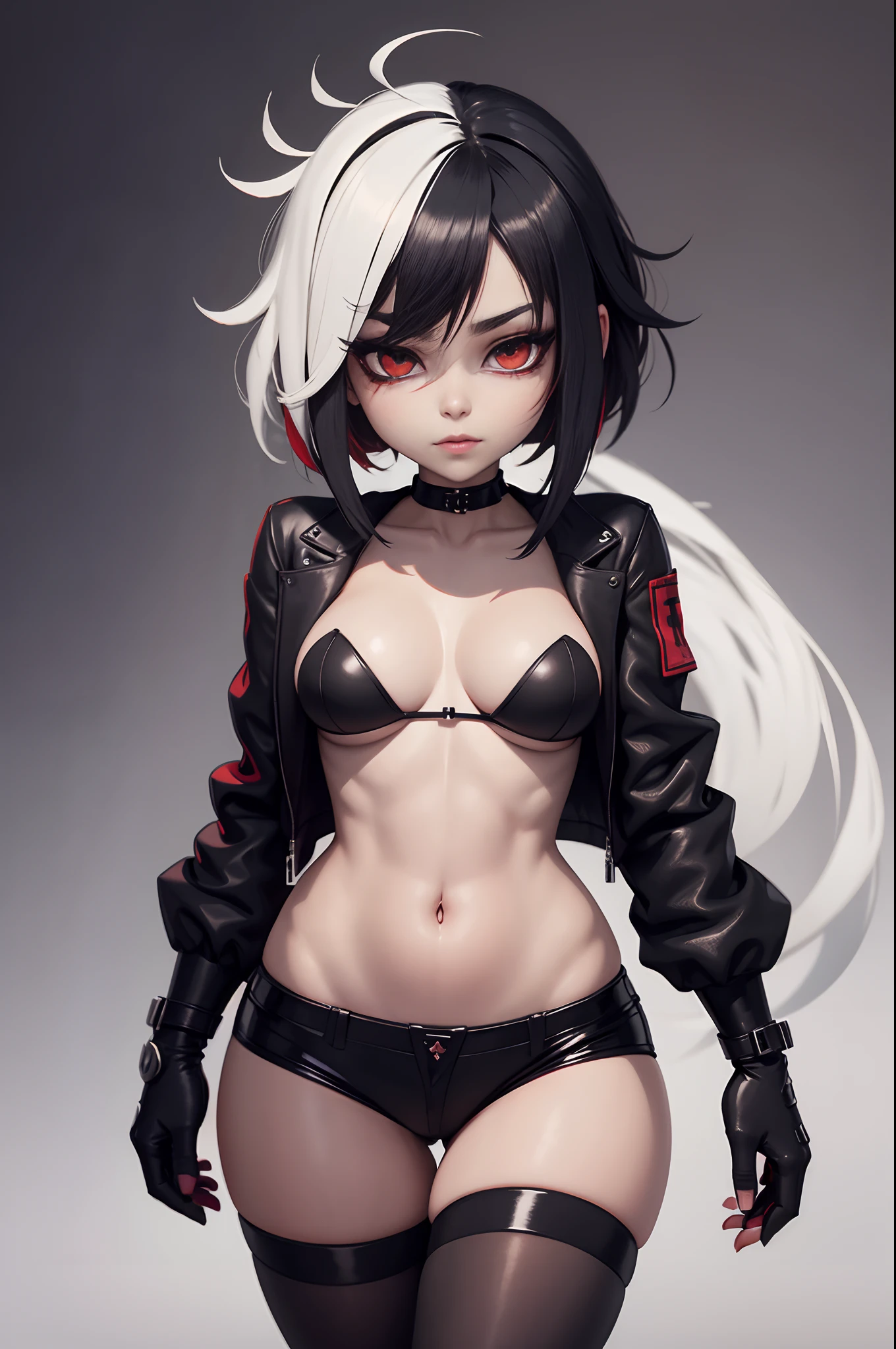 Original Character, personality resembles Ozen from made in abyss, Best Shadows, Shallow Depth of Field, Portrait Of Stunningly Beautiful Girl, Alluring red Eyes, Sharp Eyebrows, small Breasts, Layered short red hair, Blush Eyeshadow, Thick Eyelashes, Slim Waist, (Highest Quality, Amazing Details:1.25), (Solo:1.3), Brilliant Colorful Paintings, mesugaki, Teasing, flat chest, glowing eyes, thighhighs, glowing eyes, red eyes, puffy lips, blushing, makeup, eyelashes, close up on face, marvellous, masterpiece, highres, astounding, makeup on cheeks, sensual, sexy, black leather jacket, micro bikini, black jeans shorts, black boots, scary, smirk, black leather gloves, white skin, playful face, red hair, blood, cool pupils, highres, masterpiece, evil, black eye shadow, red stunning eyes