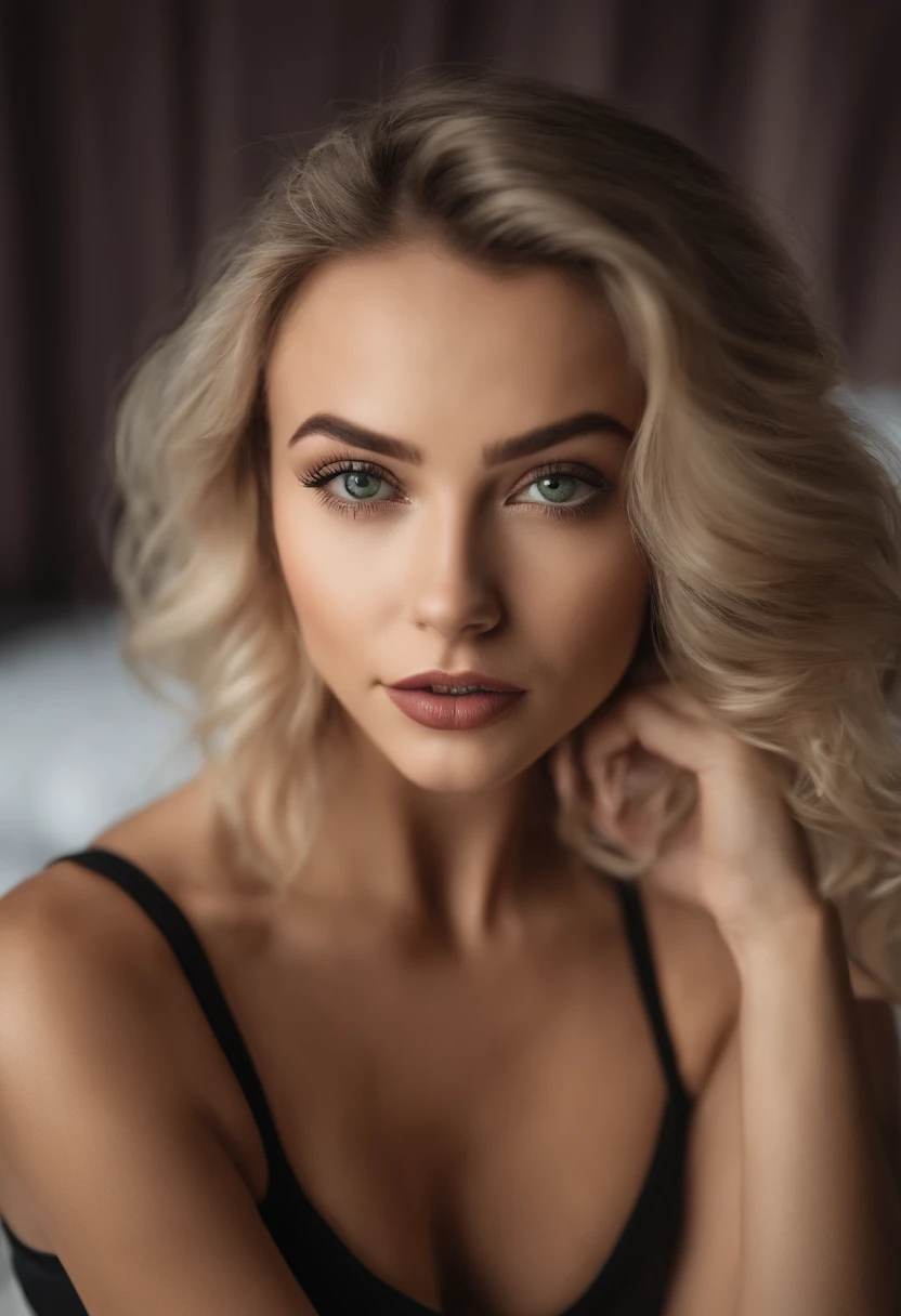 woman with matching tank top and panties, Sexy girl with green eyes, portrait sophie mudd, portrait corinna kopf, blonde hair and large eyes, Selfie einer jungen Frau, Augen im Schlafzimmer, Violet Myers, ohne Make-up, Natural makeup, Blick direkt in die Kamera, Gesicht mit Artgram, dezentes Make-up, Stunning full body shot, im Schlafzimmer, Spaltung