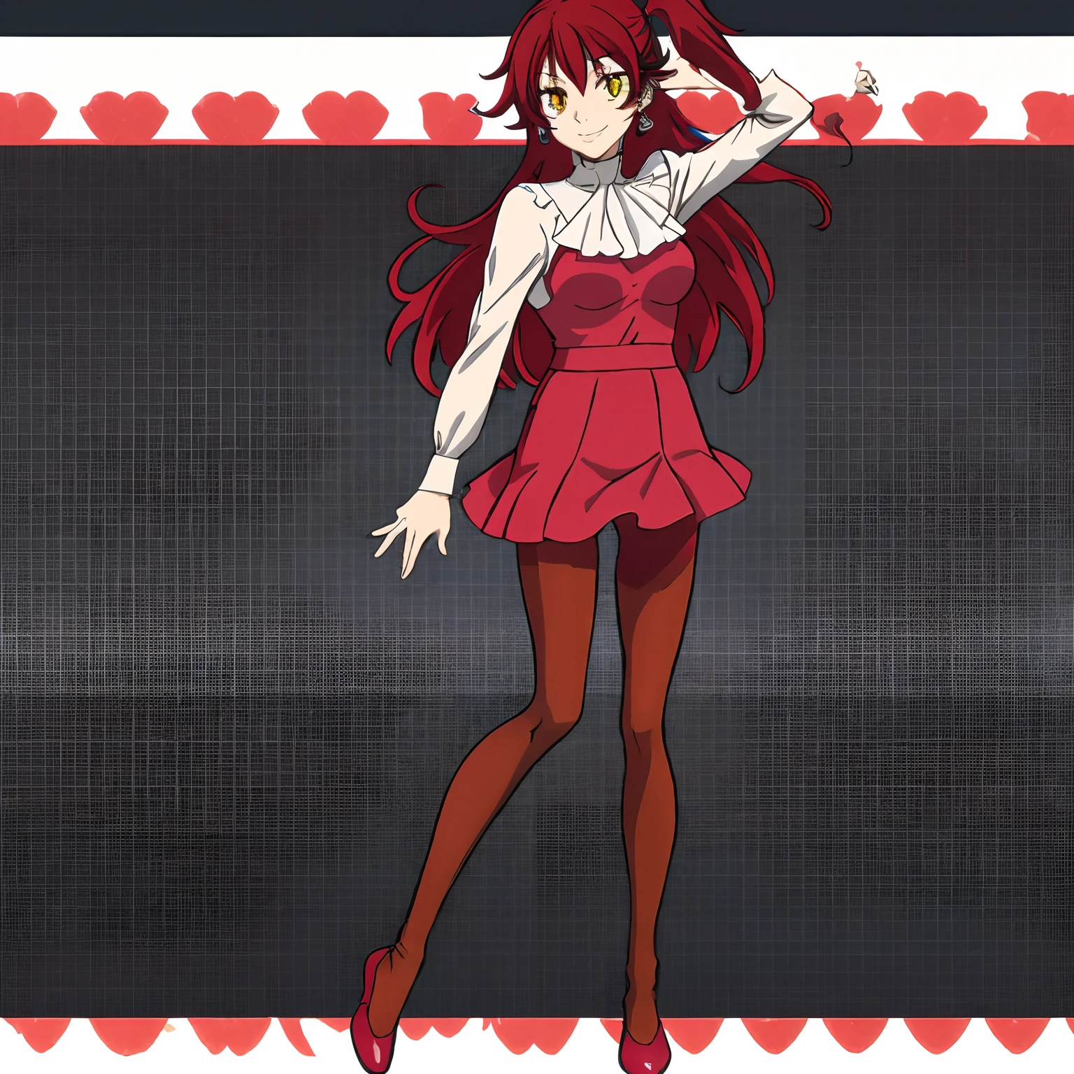 masutepiece,High quality,Solo,
Looking at Viewer,Smile,
Nena Trinity,1girl in,
Long hair,two side up,Red hair,earrings,Yellow eyes,
((blouse))、((pantyhose)),Full body,