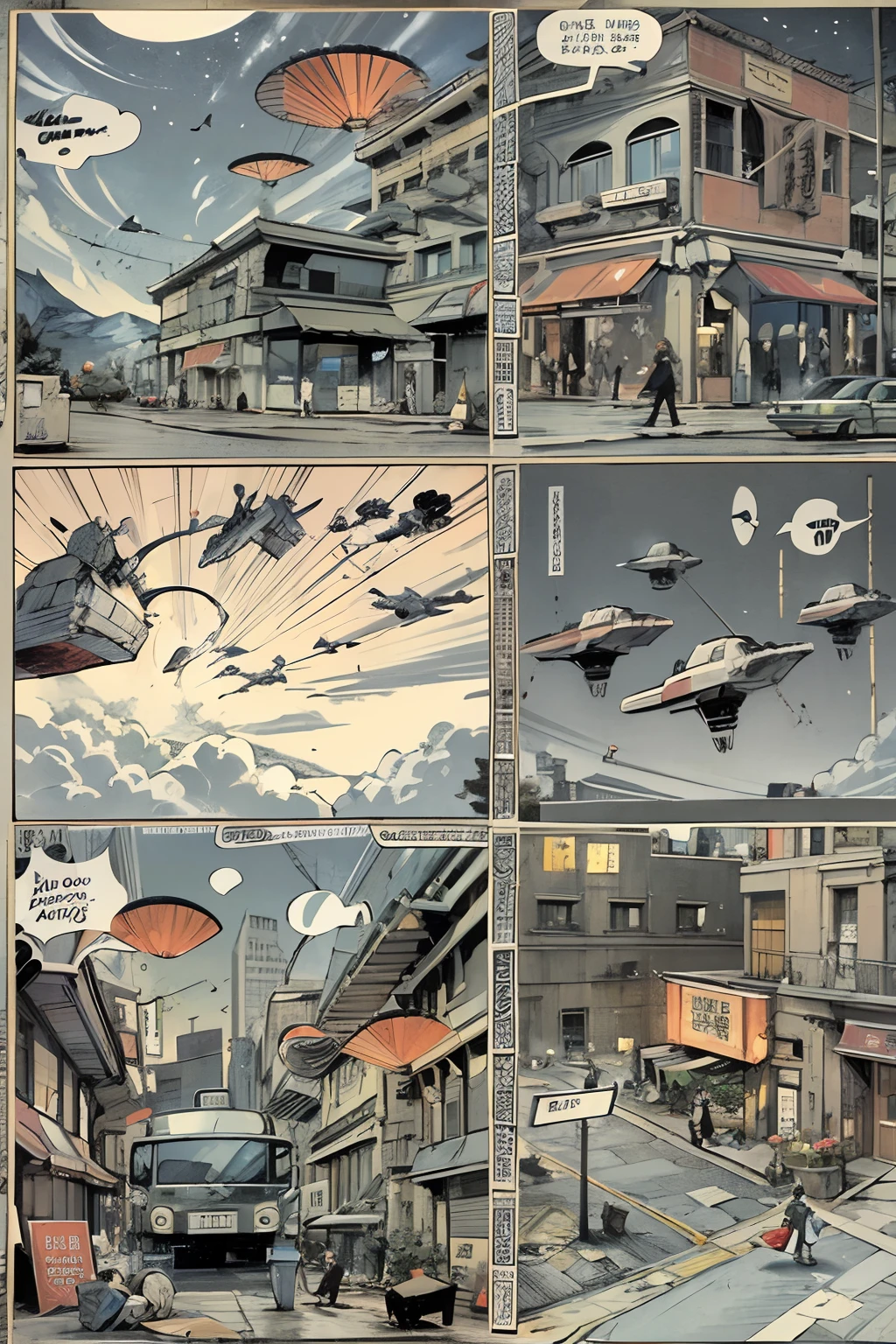 comic strip,Cartoon Split(4 or 5 or 6 tiles),Storyboard,Masterpiece, 。sudden,A spaceship fell from the sky,Falls in the middle of the street。 Enhanced detail