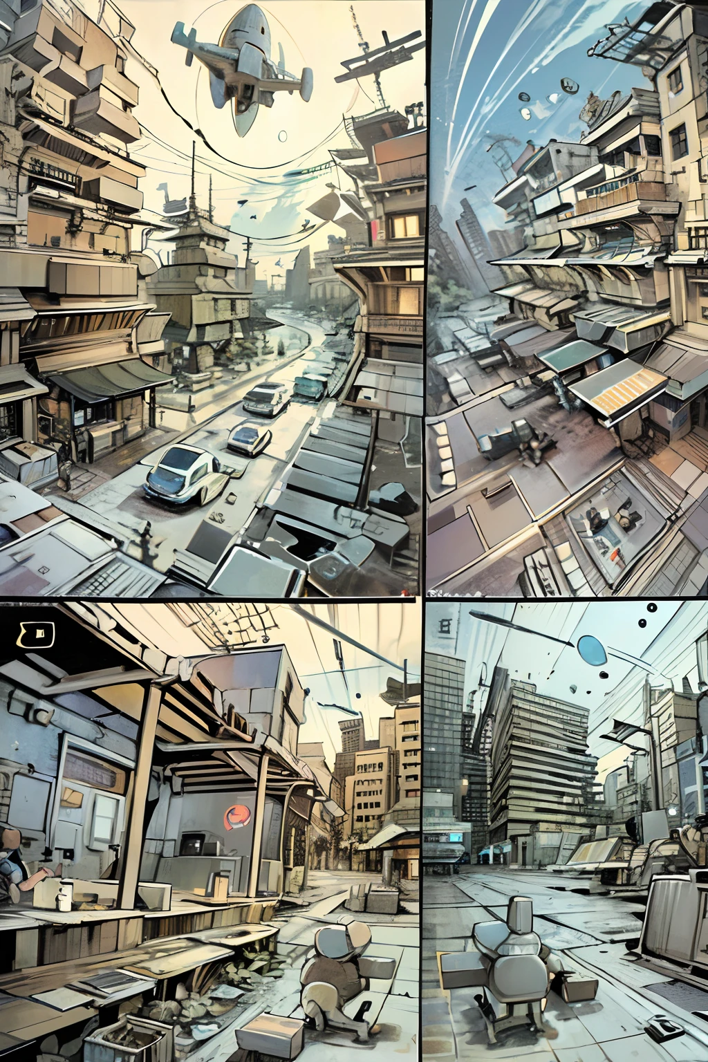 comic strip,Cartoon Split(4 or 5 or 6 tiles),Storyboard,Masterpiece, 。sudden,A spaceship fell from the sky,Falls in the middle of the street。 Enhanced detail