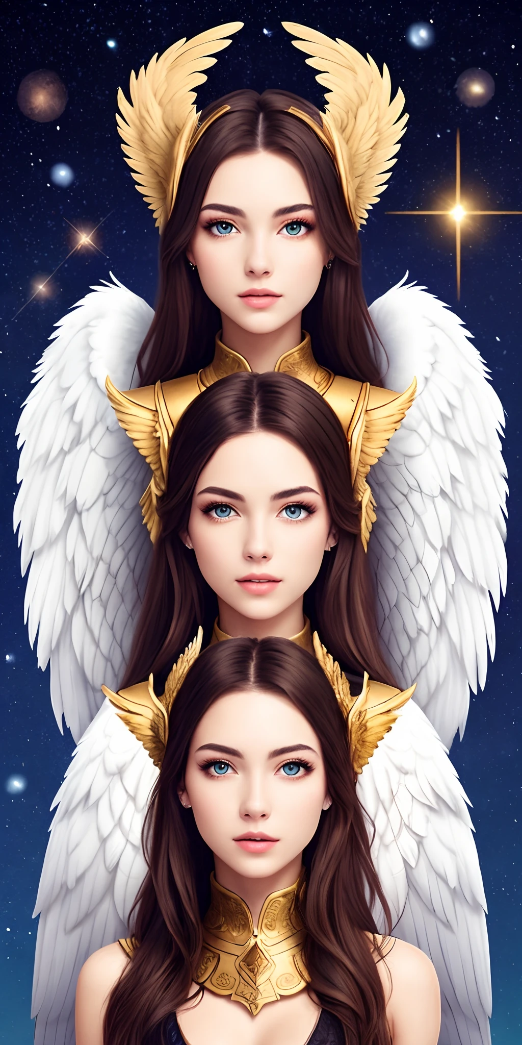 Pretty women with brown hair and gold eyes, warm color pallet, angelic armor, large snow owl wings on her, god of the stars
