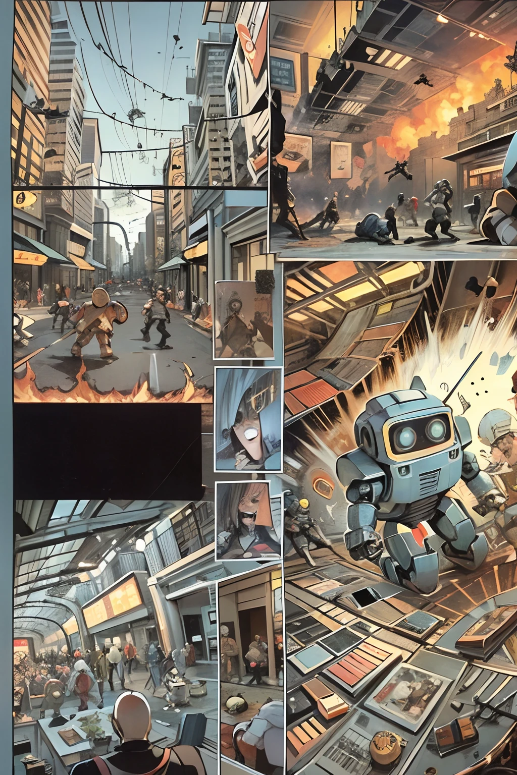 comic strip,Cartoon Split(4 or 5 or 6 tiles),Storyboard,Masterpiece, 。A robot came out of the spaceship,It began to destroy the streets,And create chaos in the crowd。 Enhanced detail