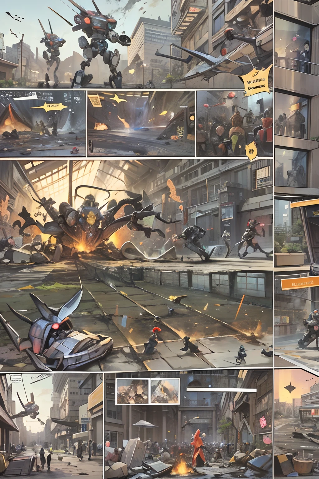 comic strip,Cartoon Split(4 or 5 or 6 tiles),Storyboard,Masterpiece, 。A robot came out of the spaceship,It began to destroy the streets,And create chaos in the crowd。 Enhanced detail