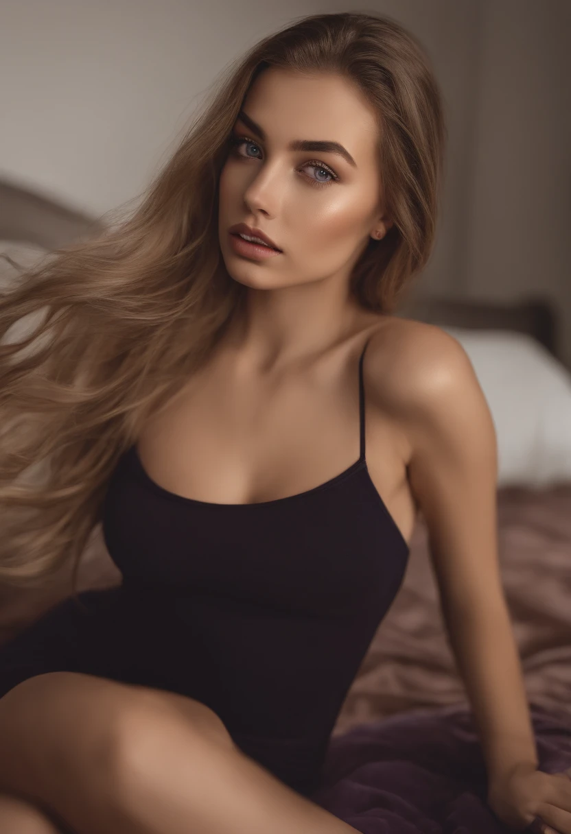 Arafed woman completely , fille sexy aux yeux bleus, ultra realist, Meticulously detailed, Portrait Sophie Mudd, cheveux blonds et grands yeux, selfie of a young woman, Yeux de chambre, Violet Myers, sans maquillage, maquillage naturel, looking straight at camera, Visage avec Artgram, Maquillage subtil, Great photo of the whole body kneeling on the bed, dans la chambre, Medium to large bust