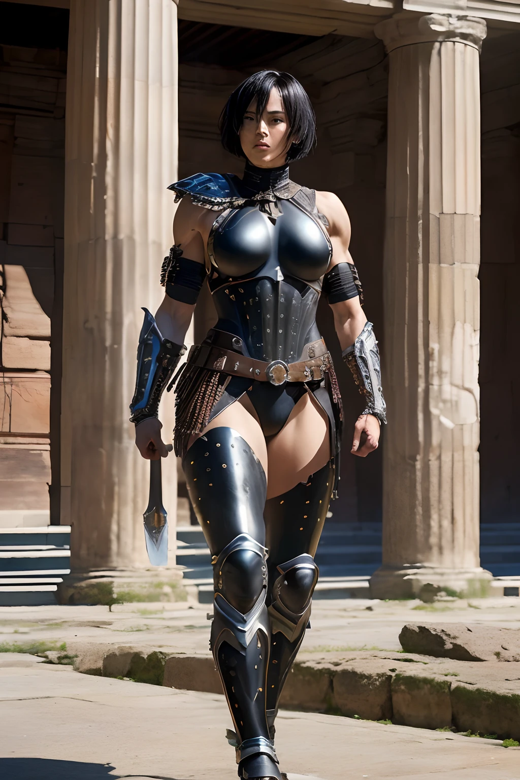 (((of the highest quality: 1.4))),(unparalleled masterpiece ever), (Ultra high definition),(Ultra realistic 8K CG), (((adult body))), (((1girl in))), ((( Bob Shorthair ))), Gladiator with a perfect body,,Beautiful and well-groomed face,muscular body:1.4,Detailed breastplate, gauntlets、is standing, (Image from head to thigh),(( Shiny Black)),, Simon Bisley's urban savage style,Detailed Ancient Rome Ancient Roman Background,Clean abs, Complex equipment, dark brown with white stars and gray and white stripes,,,s Armor, Poison tattoo, from Japanese women