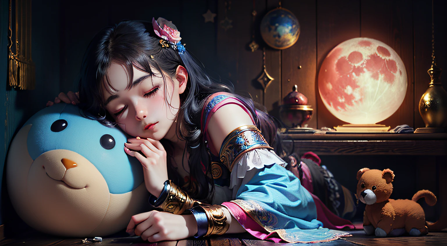 colorful、on badroom、kosmos、Big Moon、realistic、The girl is sleeping、Only one stuffed animal、超A high resolution