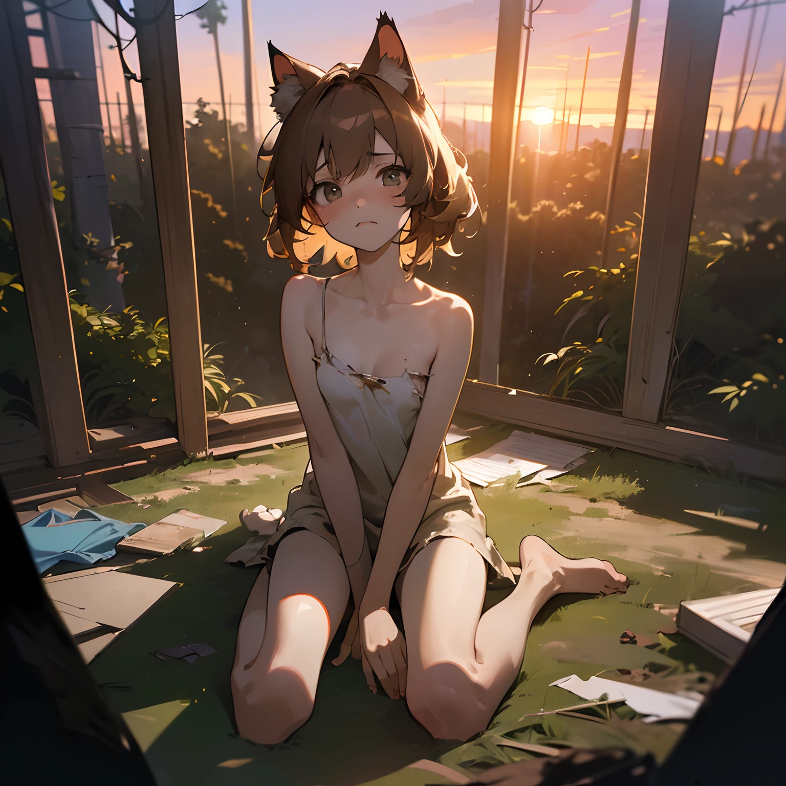 ((Masterpiece)),(Professional Photography:1.2), 8K, cinematic lighting, ((eyes of look up at the sky)), very messy medium hair, Cute teenage Beautiful girl, (sit on the ground, Inside the sunset forest), (exposed small breast), badly ragged and torn dirty white-camisole, sad face (Slender small breasts), Textured skin, cat ears, Pale brown hair