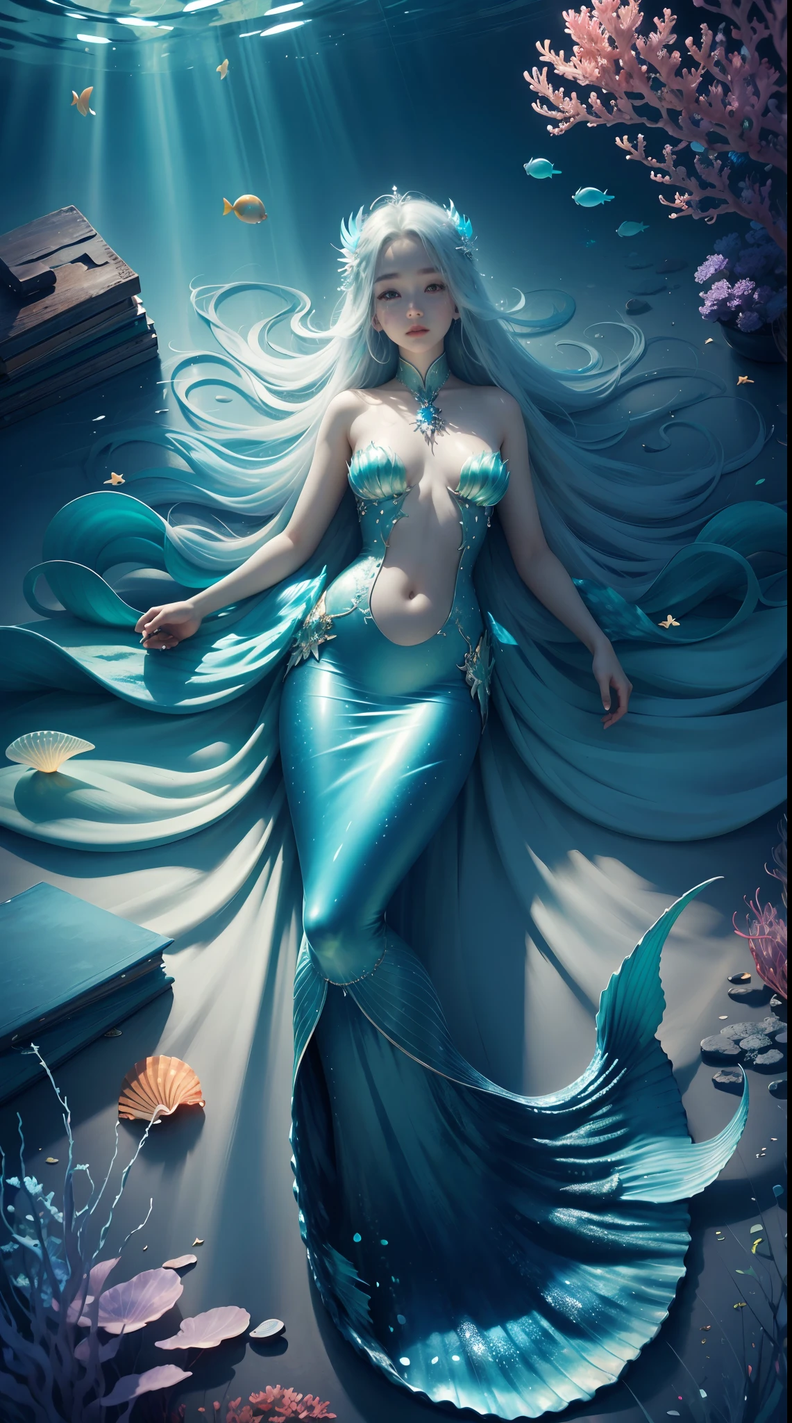 ocean floor,(depth of fields),A mermaid,long whitr hair,Ethereal beauty,peacful,tropical fishes,jelly fish,the reef。Vibrant colors,dreamlike lighting.Best quality,A high resolution,Masterpiece:1.2.