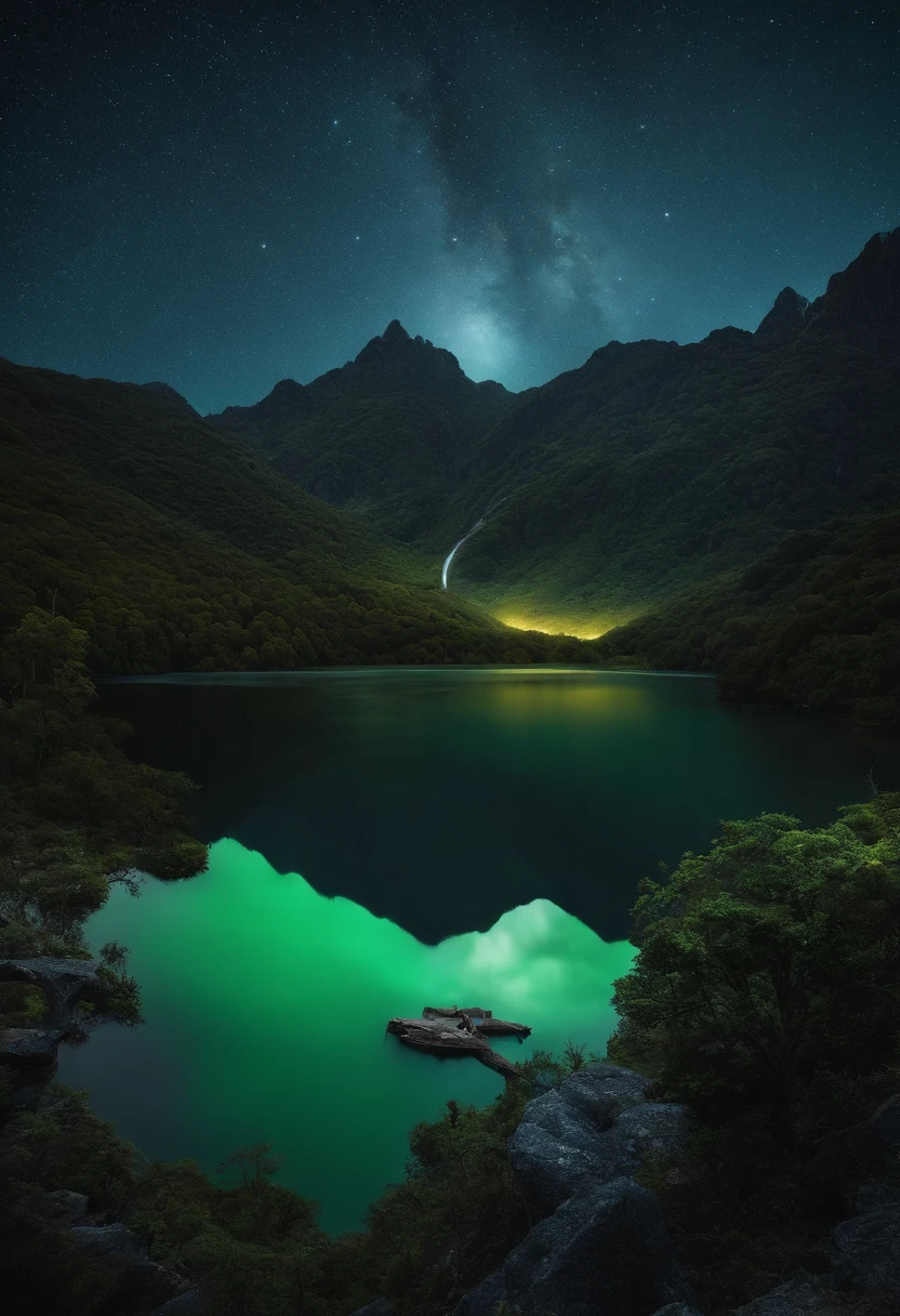 uma caveira colossal que continha um lago majestoso ,  Cena muito alta qualidade e muito detalhada , octan render, Starry sky , Sonhos , Lua verde gigante , Vaut from the sky , inspiration, imagination