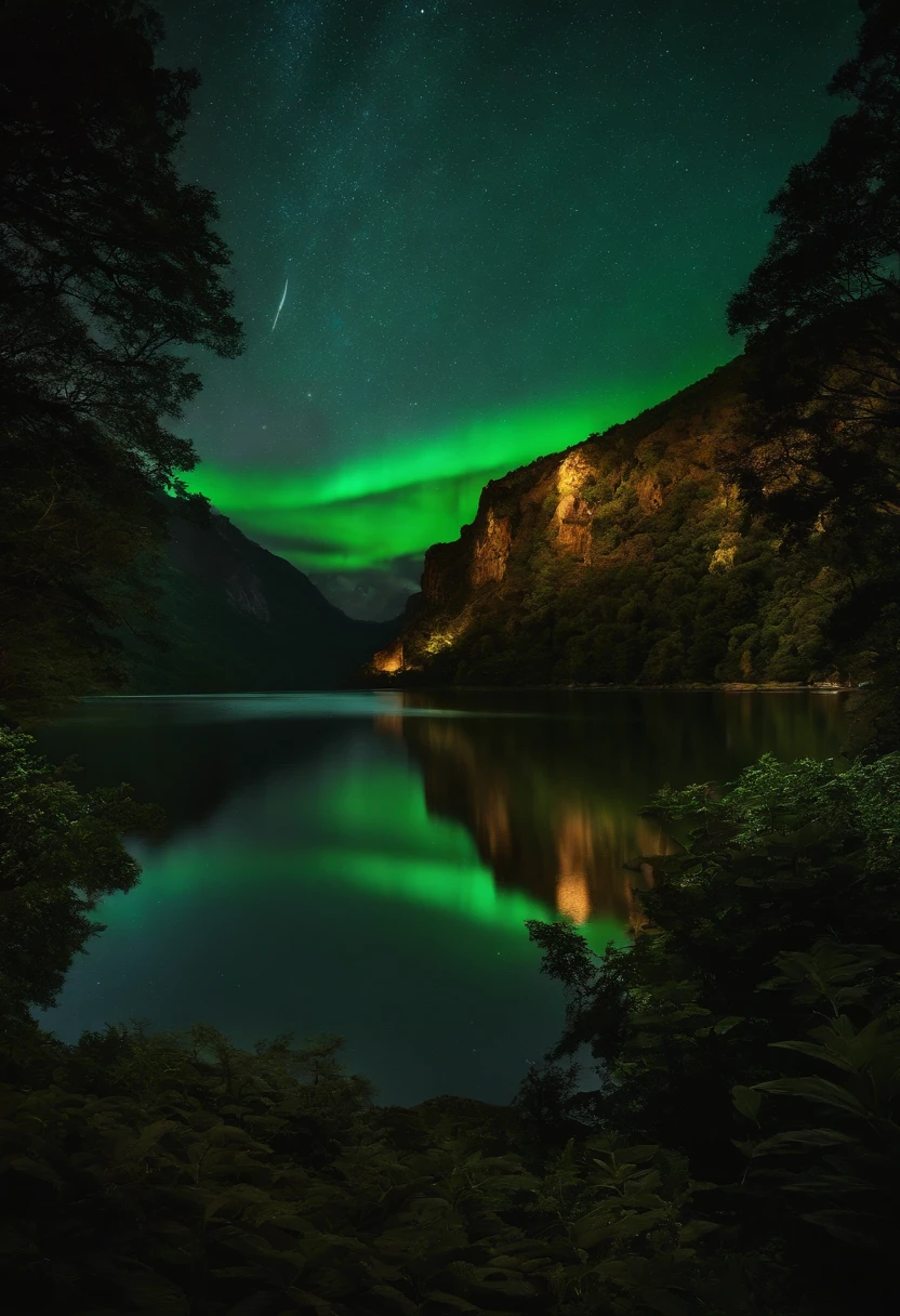 uma caveira colossal que continha um lago majestoso , Cena muito alta qualidade e muito detalhada , octan render, Starry sky , Sonhos , Lua verde gigante , Vaut from the sky , inspiration, imagination