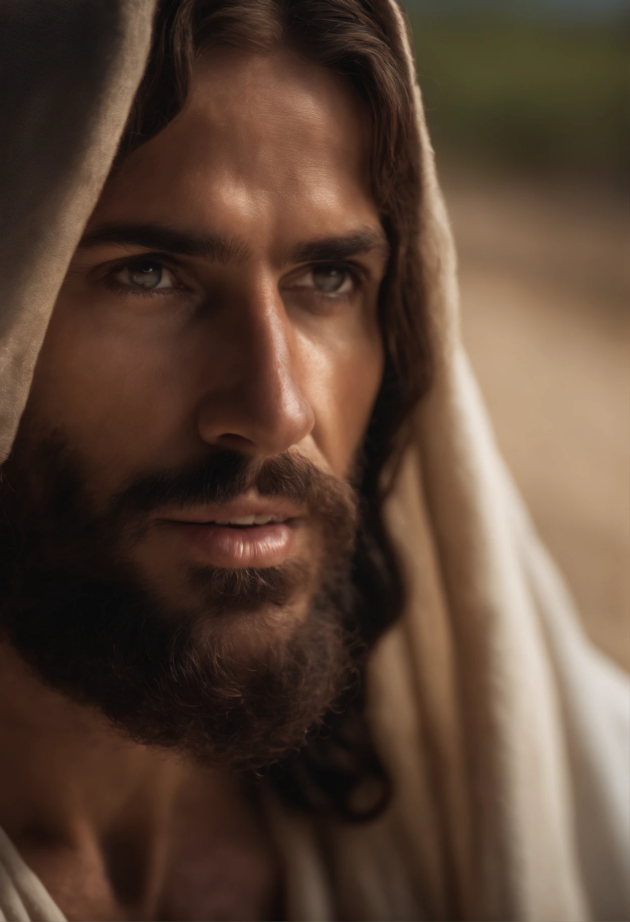 Jesus Cristo caminhando na praia, realista, foto realista, rosto detalhado, detailed hands, corpo inteiro, perfeito
