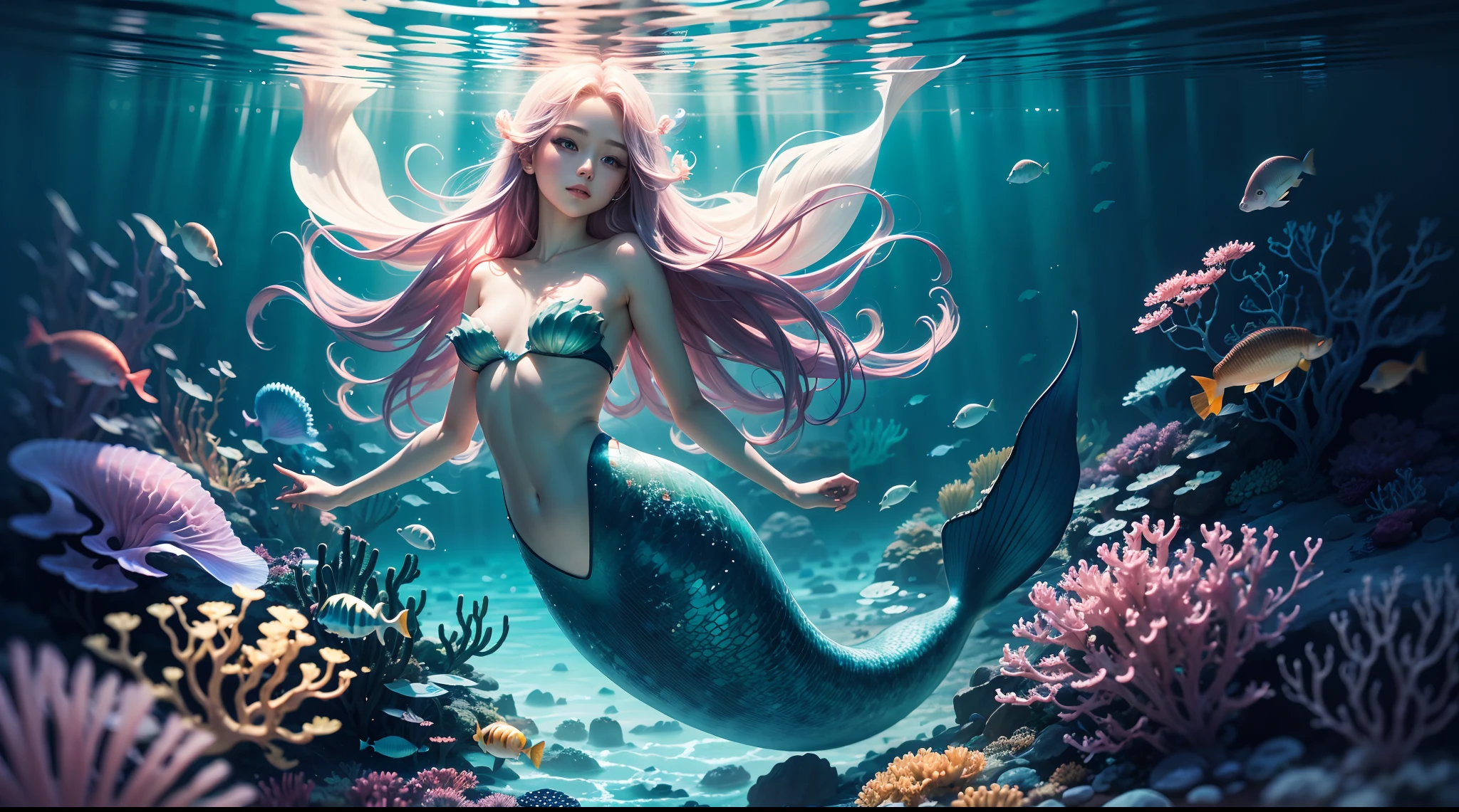 ocean floor,(depth of fields),A mermaid,long whitr hair,Ethereal beauty,peacful,tropical fishes,jelly fish,the reef。Vibrant colors,dreamlike lighting.Best quality,A high resolution,Masterpiece:1.2.
