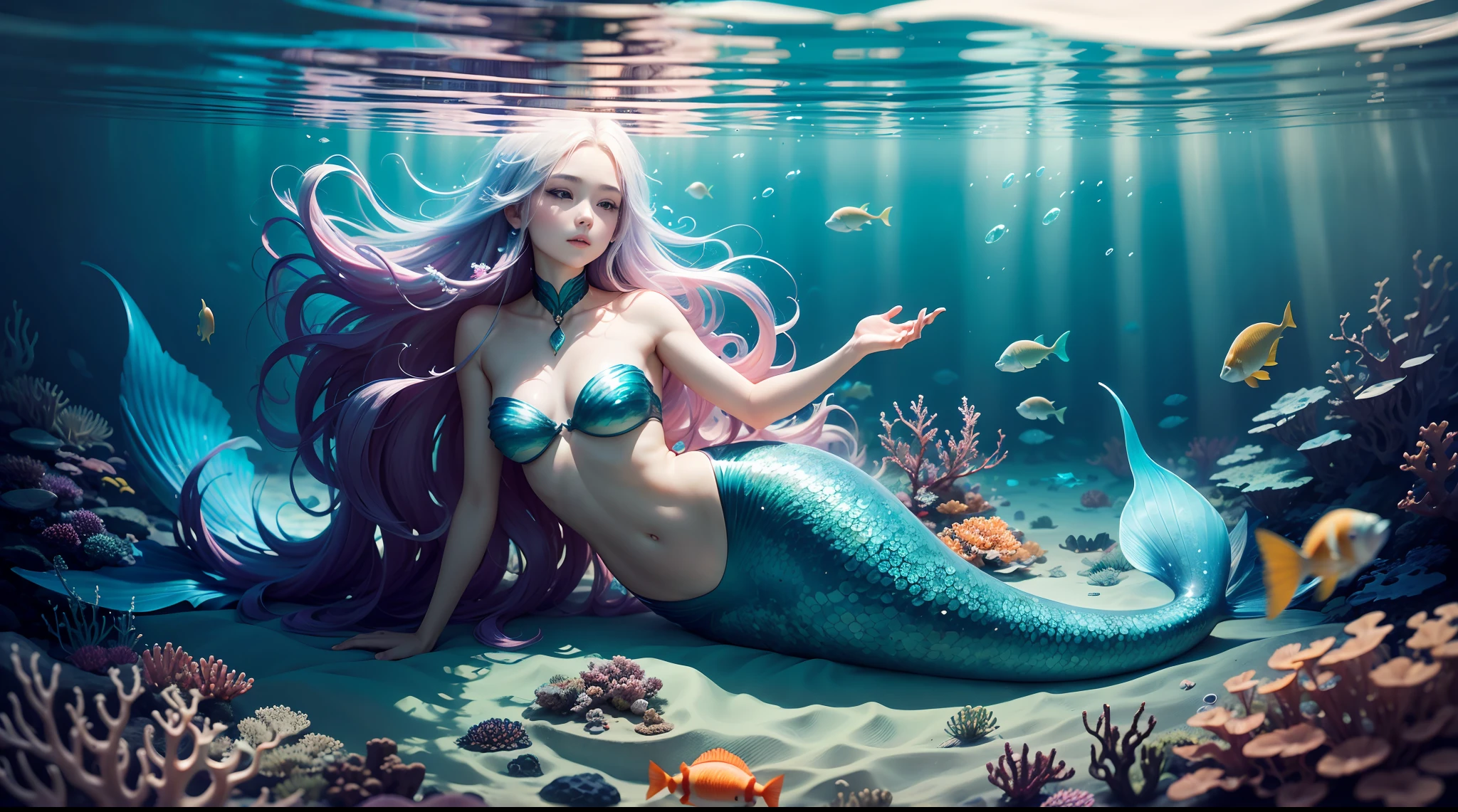 ocean floor,(depth of fields),A mermaid,long whitr hair,Ethereal beauty,peacful,tropical fishes,jelly fish,the reef。Vibrant colors,dreamlike lighting.Best quality,A high resolution,Masterpiece:1.2.