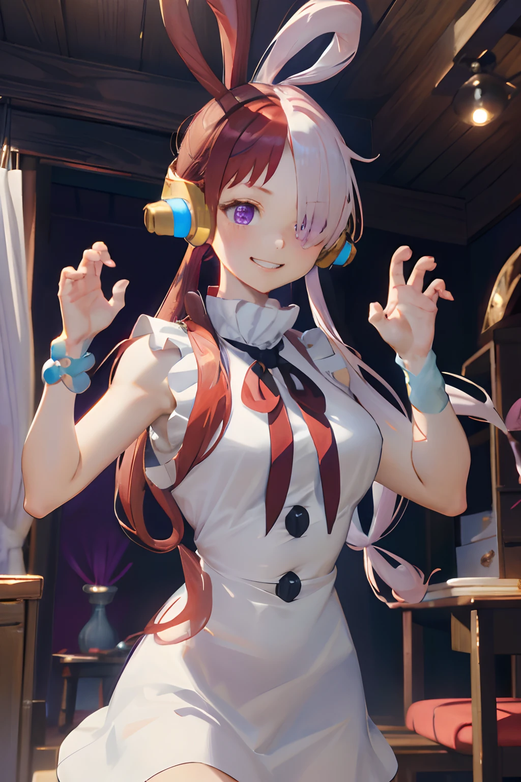 masterpiece, best quality, highres, 1girl, split-color hair, hair over one eye, red hair, multicolored hair, long hair, purple eyes, hair rings, white dress, headphones, white hair, black ribbon, bangs, sleeveless, medium breasts, paw pose, smile, teeth,