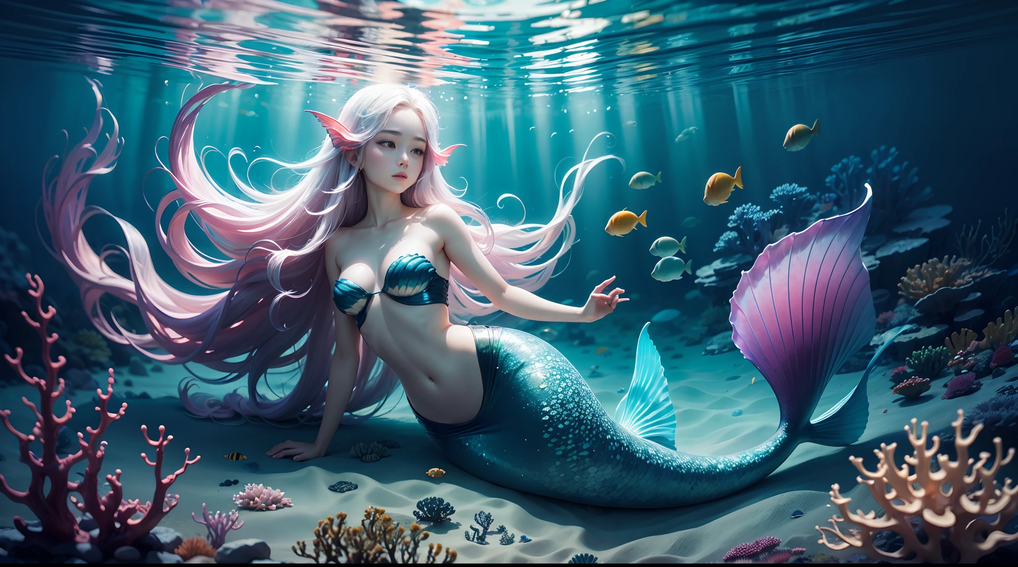 ocean floor,(depth of fields),A mermaid,long whitr hair,Ethereal beauty,peacful,tropical fishes,jelly fish,the reef。Vibrant colors,dreamlike lighting.Best quality,A high resolution,Masterpiece:1.2.