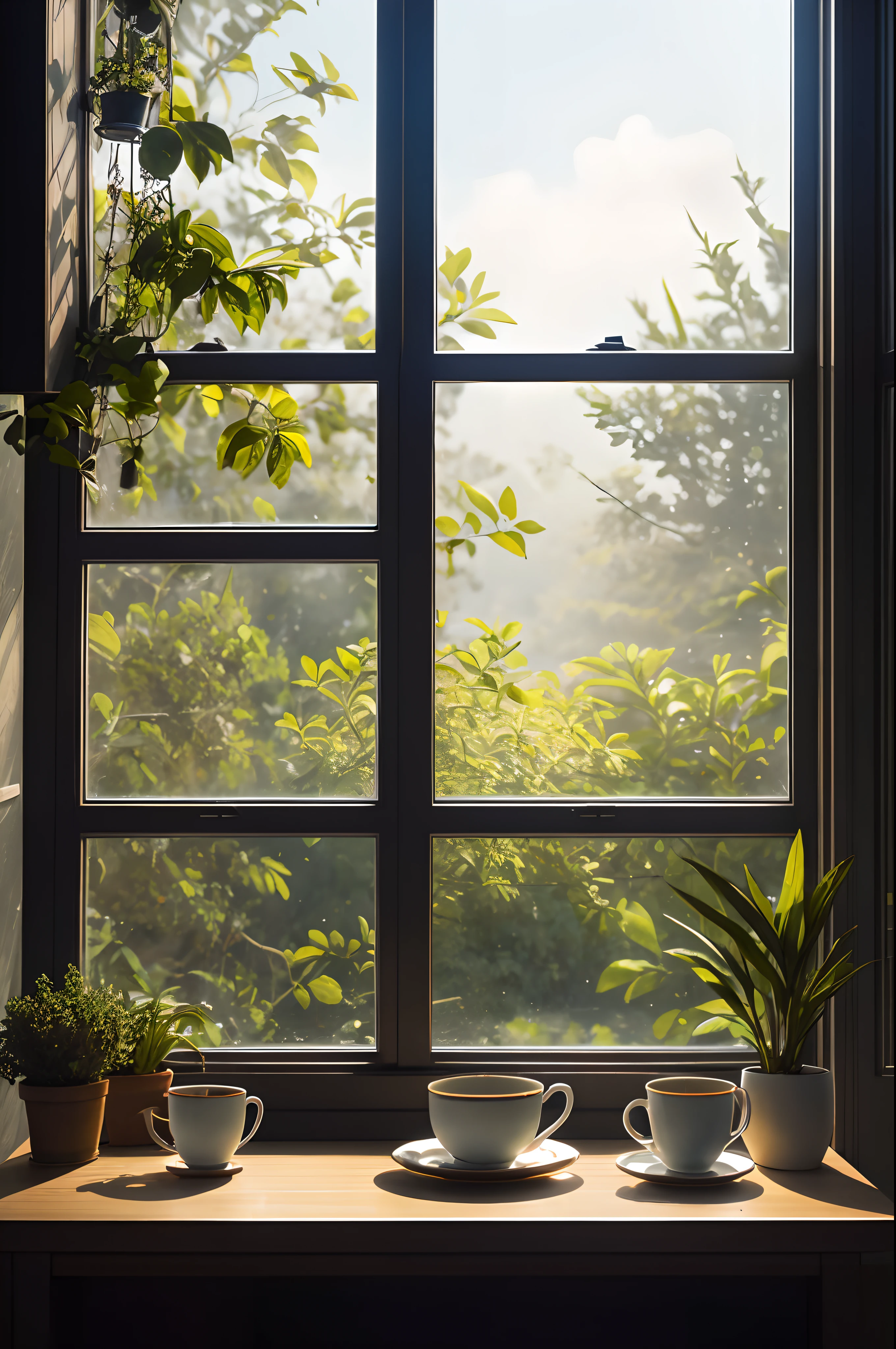 A cup of tea at the desk,The background is a window, A cinematic scene, Perfect light, Beautiful composition, realisticlying, vegetation