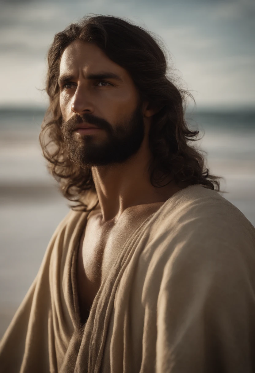 Jesus Cristo caminhando na praia, realista, foto realista, rosto detalhado, detailed hands, corpo inteiro, perfeito