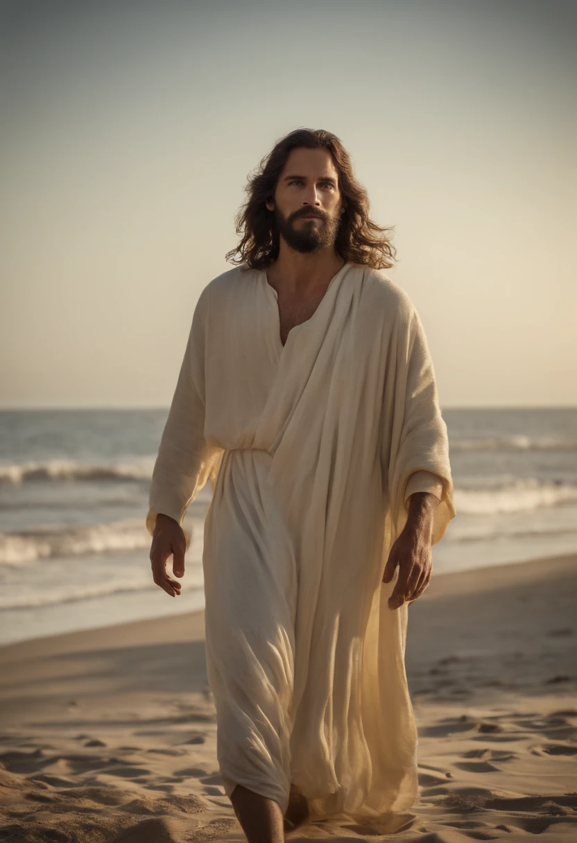 Jesus Cristo caminhando na praia, realista, foto realista, rosto detalhado, detailed hands, corpo inteiro, perfeito