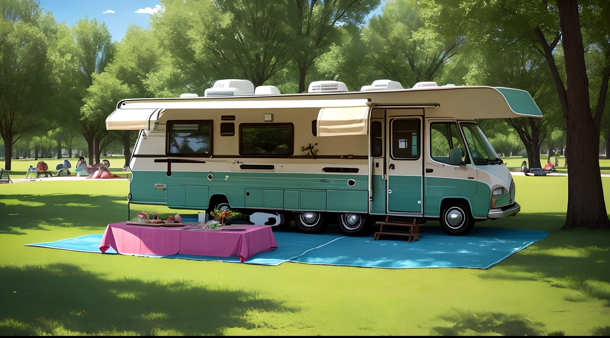 Capture the whimsical essence of a retro-themed picnic in a serene park setting, set against the backdrop of a charming RV motorhome.