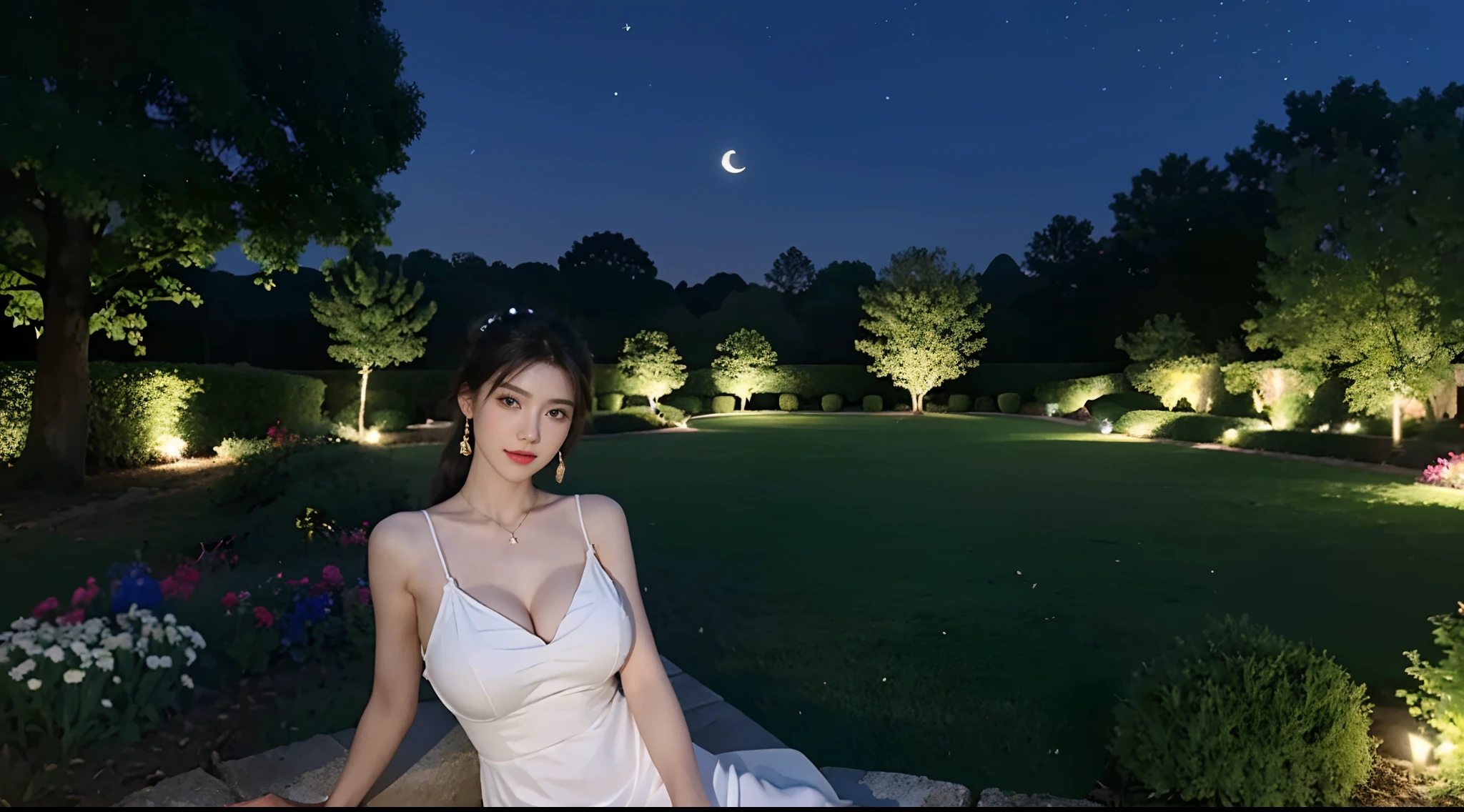 high detal,high high quality,A high resolution,Full-HD,8k smooth,电影灯光,真实感,Exquisite facial features,s the perfect face,a beauty girl,独奏,((Bigboobs)),looki at viewer,brunette color hair,Hair ornaments,corolla,cropped shoulders,big earrings,jewelry necklace,outside,High ponytail hair,White embroidered dress,Sitting in the garden.Background garden,Beautiful scenery,light and shadow effect ,Shimmering at night,((Night)),parks,((As estrelas,themoon)).