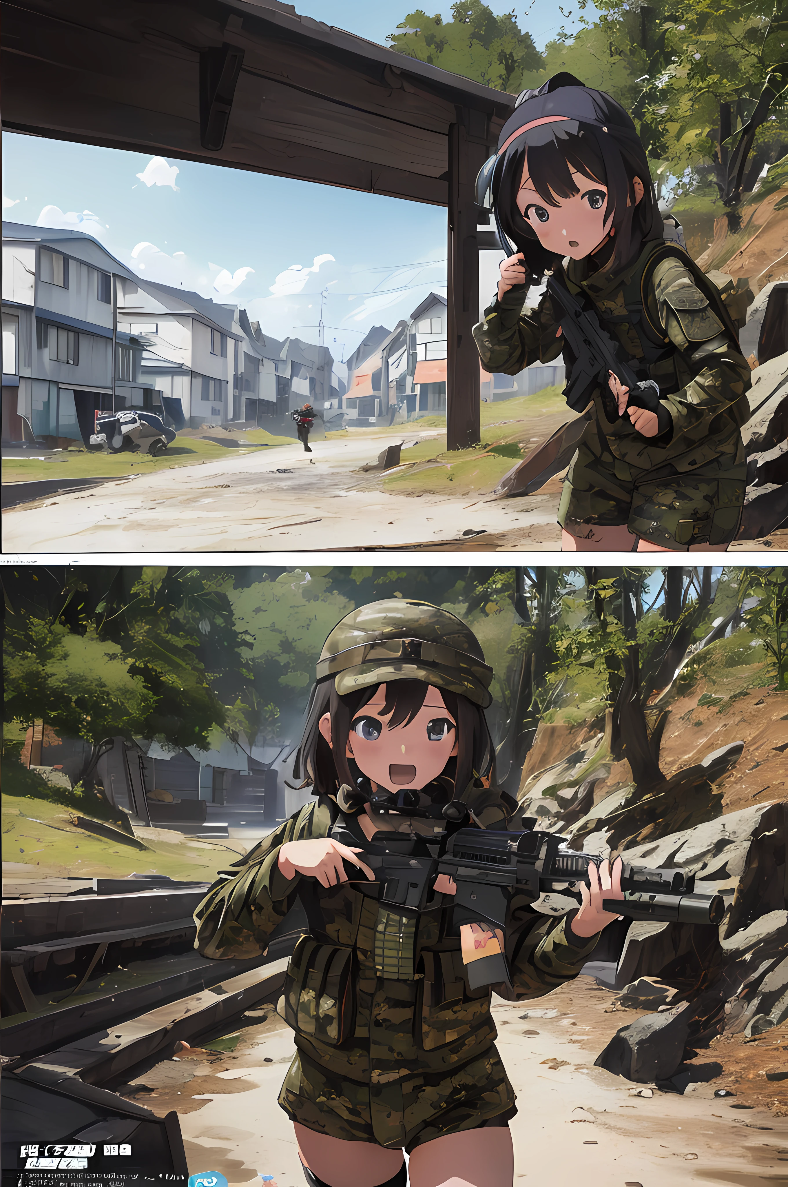 (8k masterpiece, RAW anime photo, best quality:1.3), comic_book_cover:1.3, a *********** goes paintballing, dressed in camouflage fatigues,