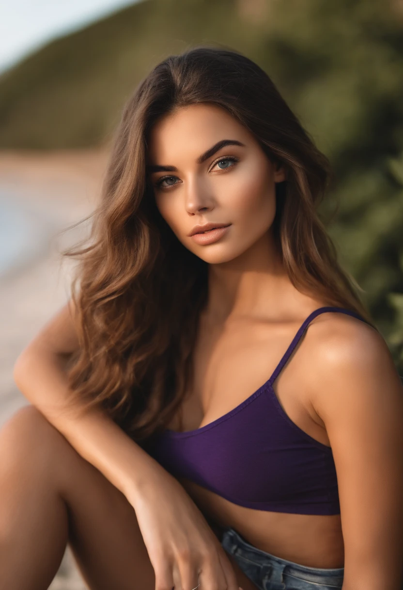 Arafed woman in a one-pear swimsuit, fille sexy aux yeux bleus, Portrait Sophie Mudd, cheveux bruns et grands yeux, Selfie of a young woman looking at the sky, Yeux de chambre, Violet Myers, sans maquillage, maquillage naturel, regarde en l'air, Visage avec Artgram, Maquillage subtil, Superbe photo du corps entier, clivage, assise sur le plage