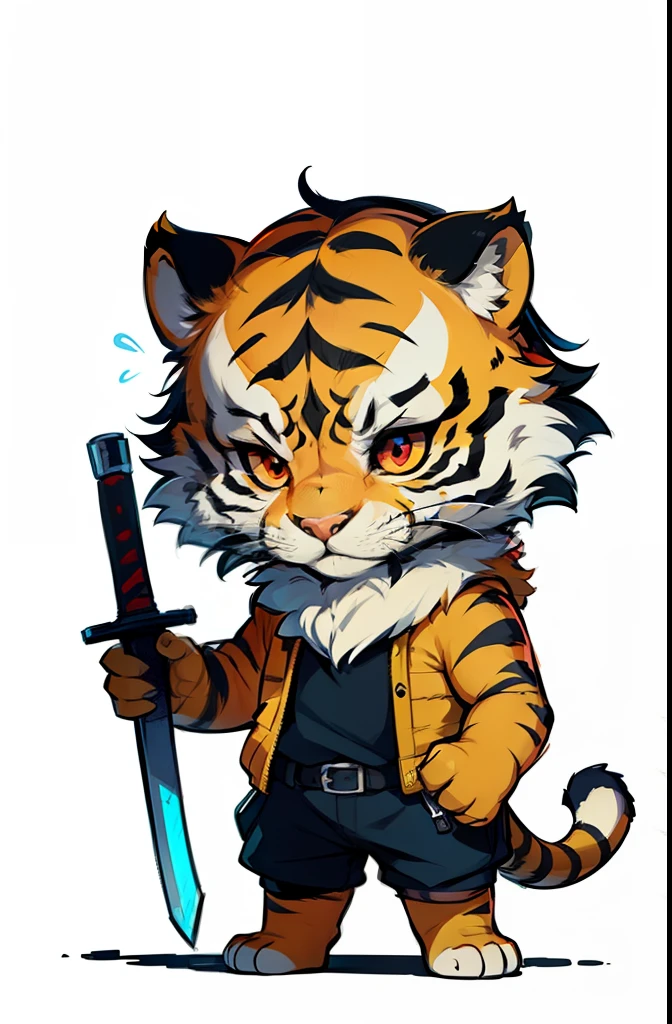 comic style,***ung tiger, baby face tiger ,chibi, anthropomorphic, golden fur, big red eyes,warrior with a sword, character 1:1, simple background