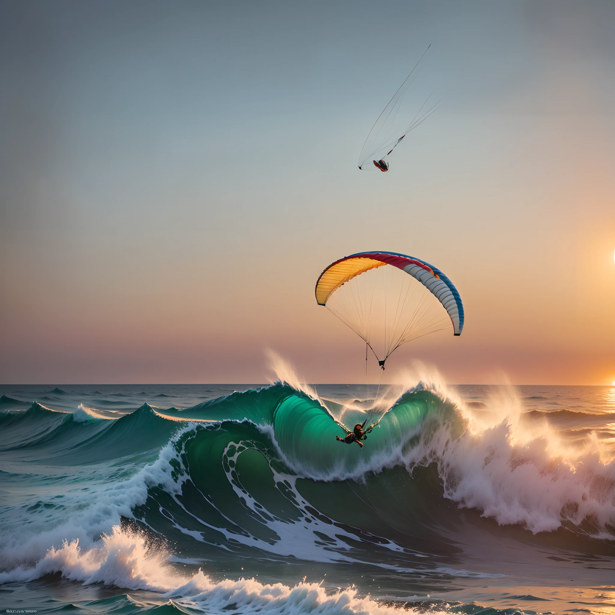 paraglider flying over big waves at sunset --auto --s2