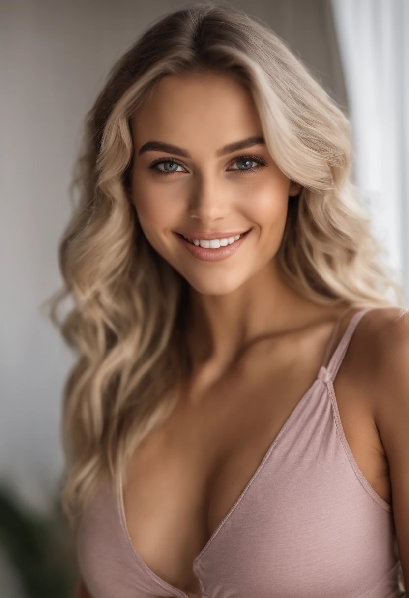 woman with matching tank top and panties, Sexy girl with brown eyes, big tits without bra, sexy smile, portrait sophie mudd, portrait corinna kopf, blonde hair and large eyes, Selfie einer jungen Frau, Augen im Schlafzimmer, Violet Myers, ohne Make-up, Natural makeup, Blick direkt in die Kamera, Gesicht mit Artgram, dezentes Make-up, Stunning full body shot, im Schlafzimmer, Spaltung