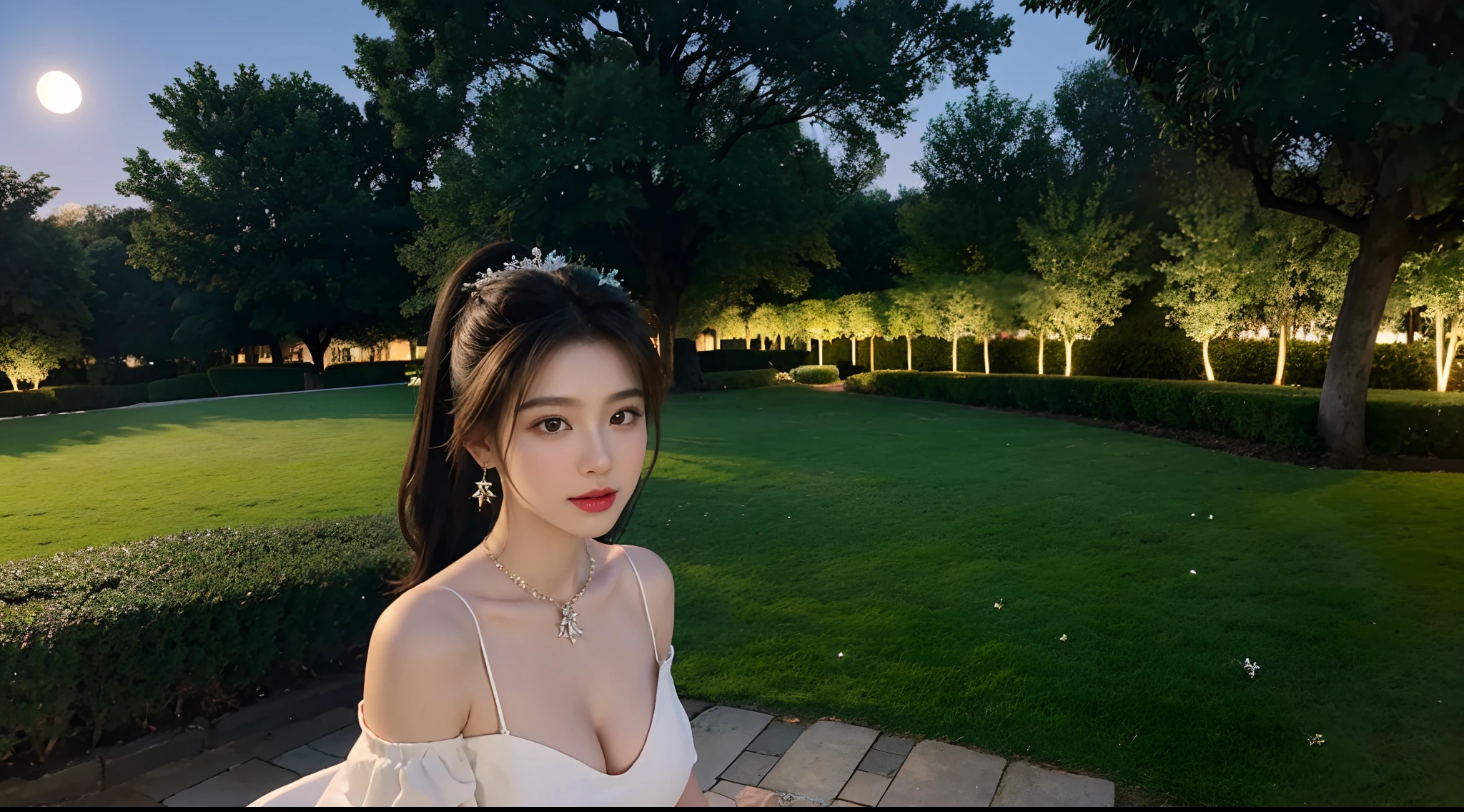 high detal,high high quality,A high resolution,Full-HD,8k smooth,电影灯光,真实感,Exquisite facial features,s the perfect face,a beauty girl,独奏,((Bigboobs)),looki at viewer,brunette color hair,Hair ornaments,corolla,cropped shoulders,big earrings,jewelry necklace,outside,High ponytail hair,White embroidered dress,Sitting in the garden.Background garden,Beautiful scenery,light and shadow effect ,Shimmering at night,((Night)),parks,((As estrelas,themoon)).