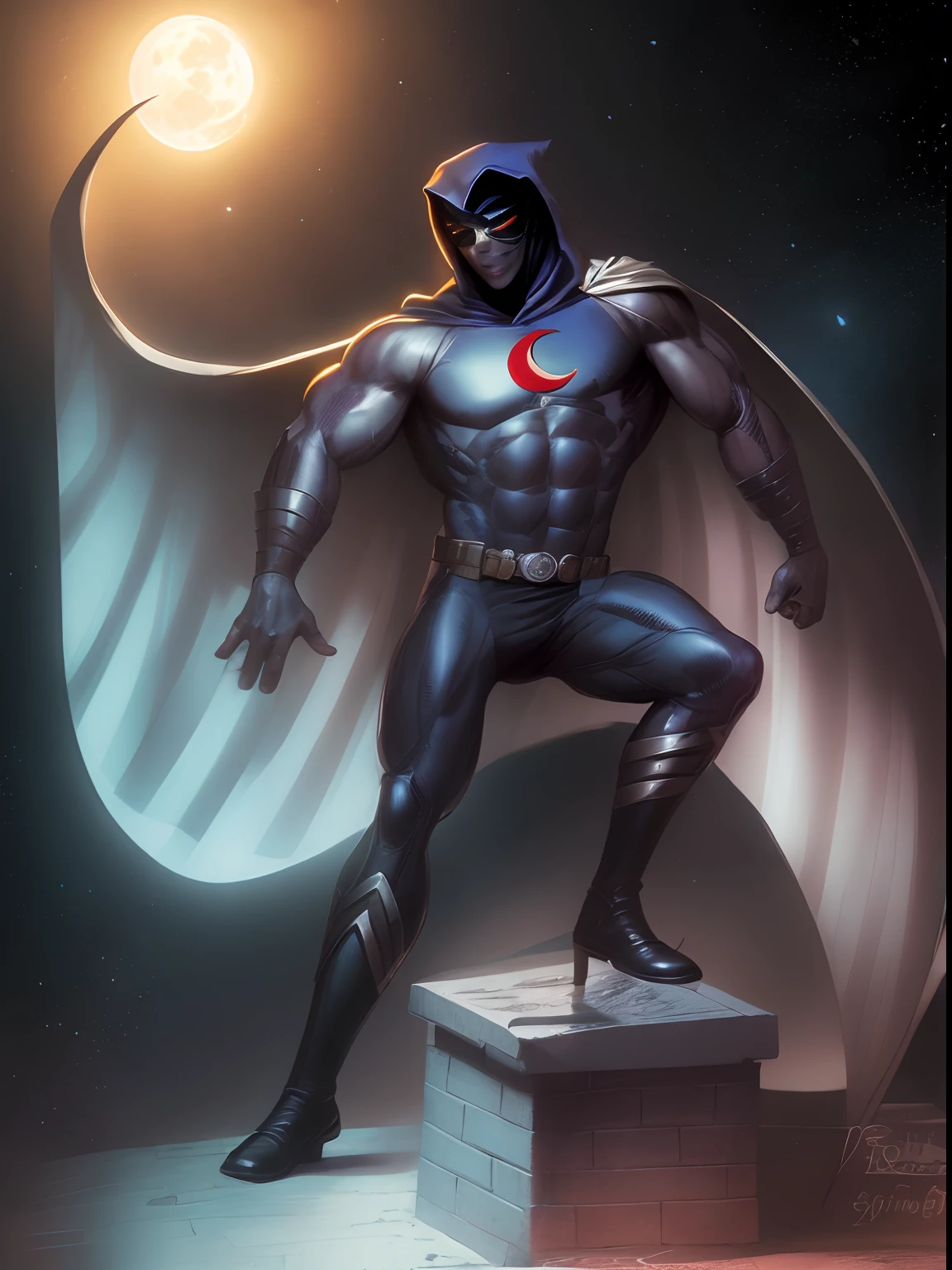 um desenho realista de um homem de uniforme prateado, with a silver hood and a black mask, olhos brancos, capa prateada, Metallic straps and reflective boots, a Crescent Moon symbol on the chest, um cinto cheio de bolsos,  luvas prateadas,  standing on a chimney at the top of a building in New York, inspirado por Jim Lee, desenho realista de quadrinhos, Directed by: Roy Dalgarno, CAVALEIRO DA LUA! MOONKNIGHT!! Desenho realista de quadrinhos de quadrinhos da Marvel, Directed by: Paul Kane, David Baldeon Arte realista em quadrinhos, Directed by: Mario Cooper, inspirado por Hal Foster, inspirado em Ryan Stegman, Directed by: Jim Lee, Fantastic Art, 8k