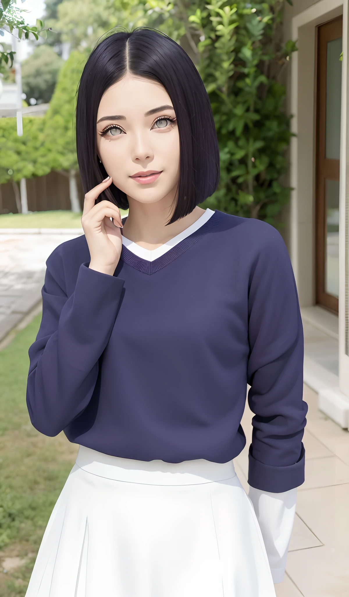 tmasterpiece， Hyouka\（Boruto），seios grandes，clivagem， 1 fita， sozinho， younger female， （（（（High School Uniforms））））， （middle school）， ao ar livre， olhando para o espectador， mostly cloudy sky， Perfect compositions， Detailed lips， School Buildings，， cara bonita， Suporte corporal， Ser vermelho no rosto， （reddish pink lips）， （（Longas, whitish hair））， um olho roxo， Olhar Suave， sorriso triste， super realistic， um detalhado， injection， rosto e corpo realistas， cabelo foto-realista， olho fotorrealista， nariz realista， realistic lips， （（（cabelos azul-escuros））），menina de 19 anos，Fluttering skirt