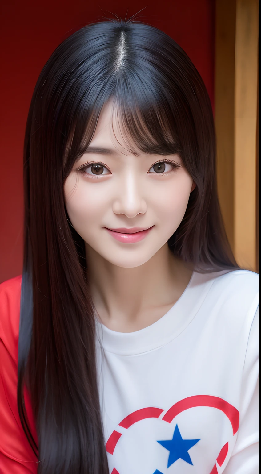 Realistic photos of (1 cute Korean star) hair over one eye, thin makeup, slightly smile, 32 inch breasts size, wearing t-shirt, sitting at chinese shrine, close-up portrait, UHD