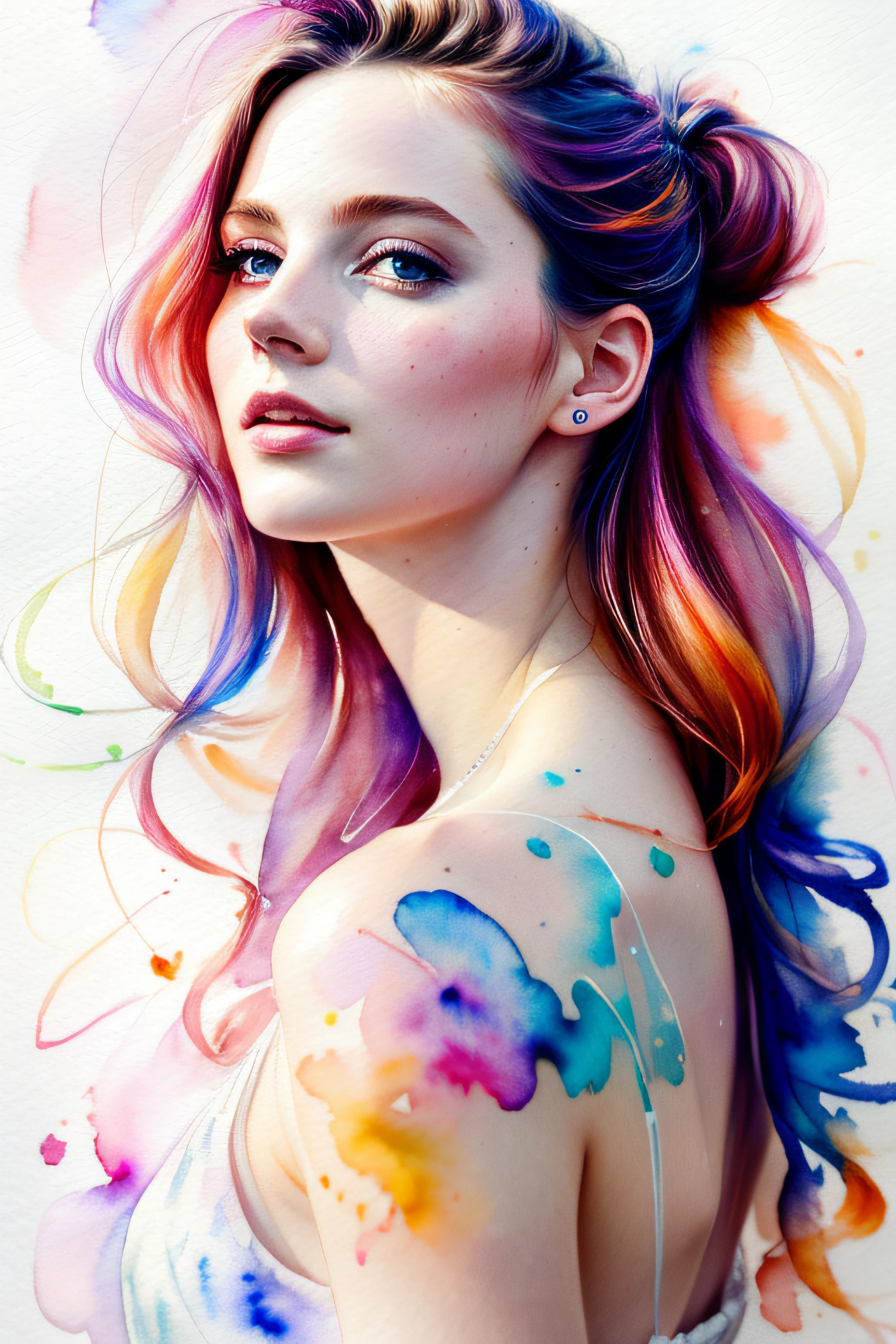 (8k, best quality, masterpiece:1.2),(best quality:1.0), (ultra highres:1.0), watercolor, a beautiful woman, shoulder, hair ribbons, by agnes cecile, half body portrait, extremely luminous bright design, pastel colors, (ink:1.3), autumn lights