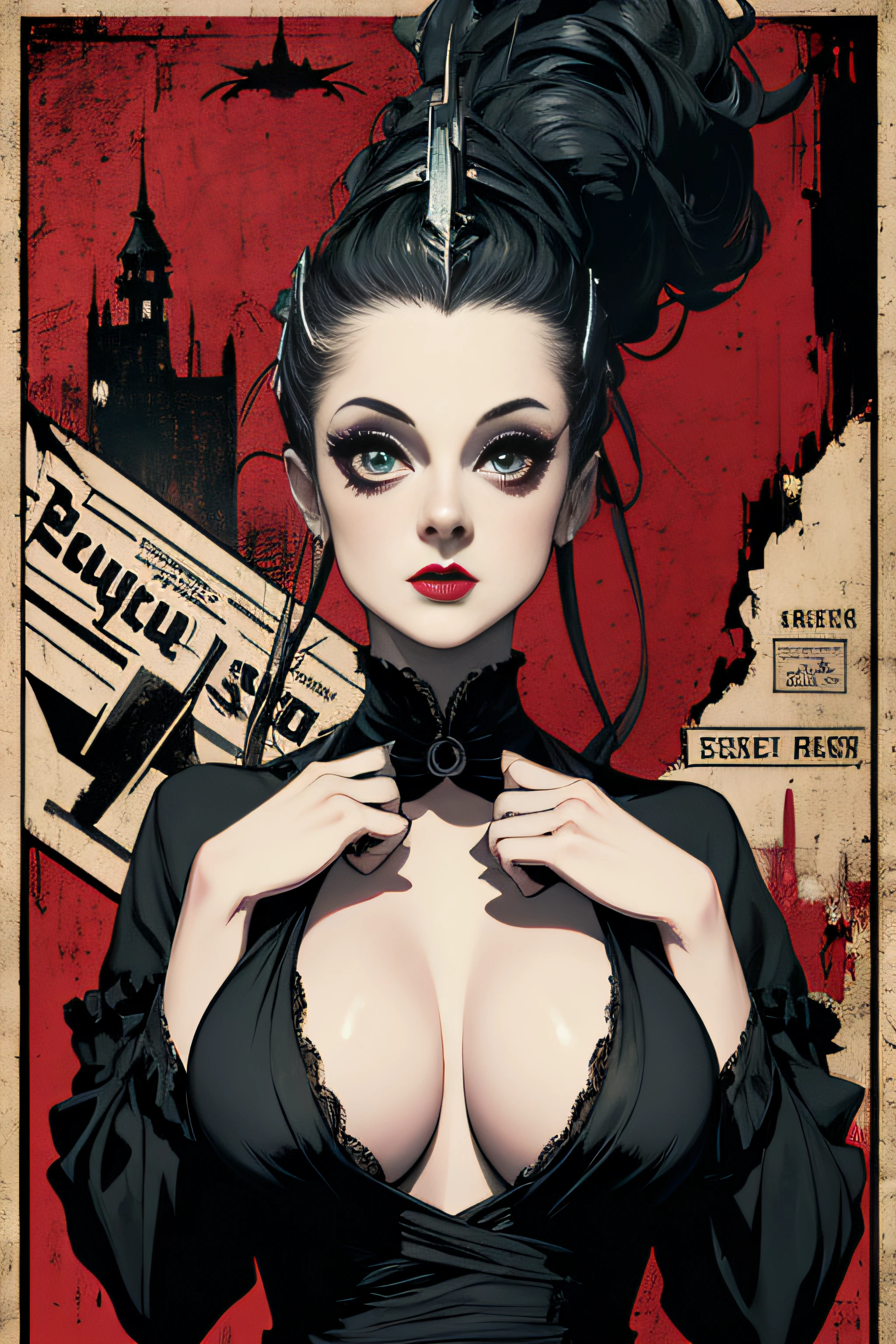 (Masterpiece, Best Quality), 8k Wallpaper, highly detailed, poster, bride of frankenstein, collage, vintage horror, 1940s, sexy female horror thriller cinematic movie poster, Bauhaus, shapes, lines, abstract, propaganda, gothic, movie poster, vintage,