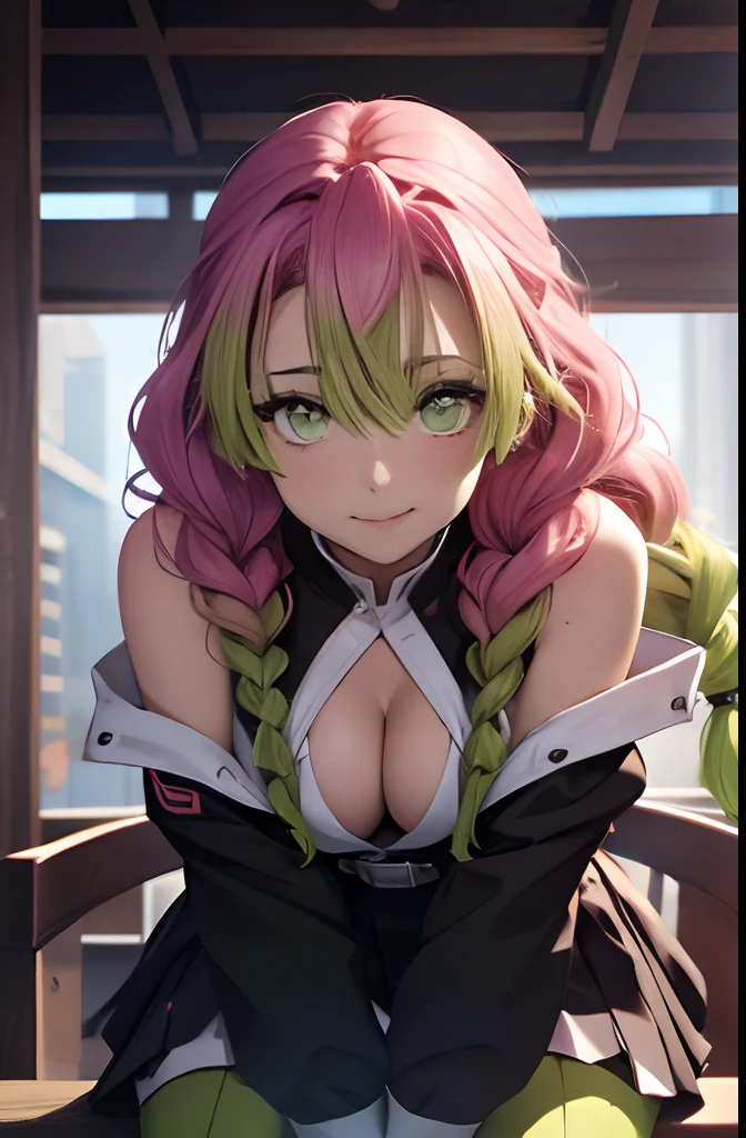 Mitsurikan Log, mitsuri kanroji, braid, Gradient Hair, (Green eyes:1.5), Green hair, Long hair, Mole, Mole under the eyes, multicolored hair, Pink hair, Twin braids, Two-tone hair, Brake belt, Black skirt, cleavage, coat, demon slayer uniform, haori, Komono, Long sleeves, Miniskirt, partially unbuttoned, Pleated skirt, Skirt, uniform, BREAK looking at viewer, Break indoors, BREAK (masutepiece:1.2), Best Quality, High resolution, Unity 8k壁纸, (Illustration:0.8), (Beautiful detailed eyes:1.6), extra detailed face, Perfect Lighting, extremely details CG, (Perfect hands, Perfect Anatomy),colourful hair, The whole body is reflected, (Off-the-shoulder costumes:1.5), ((chest wide open and exposed)), (Smile), Sitting on a chair, legs crossed, Hands behind the head, Showing the side