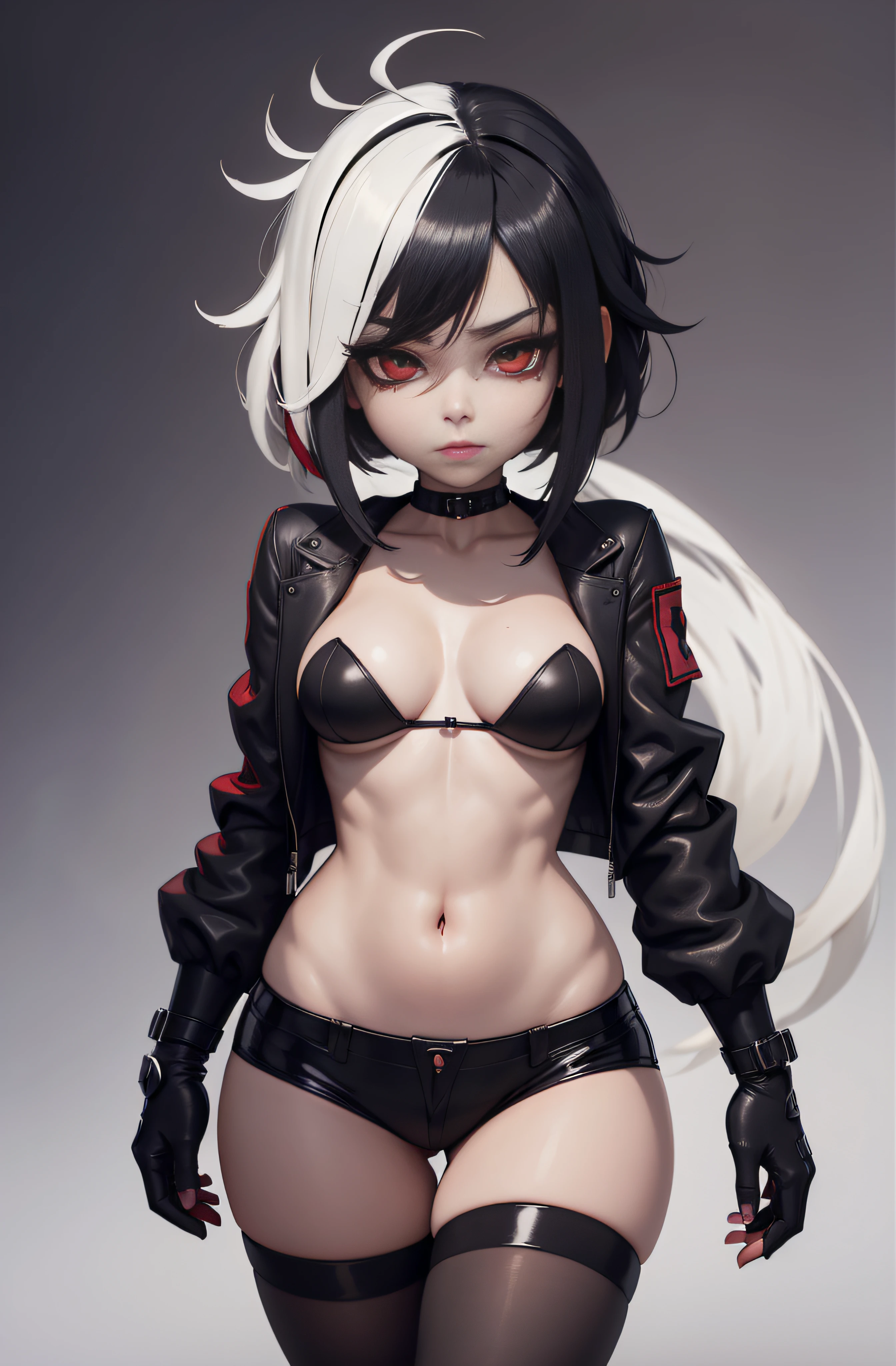 Original Character, personality resembles Ozen from made in abyss, Best Shadows, Shallow Depth of Field, Portrait Of Stunningly Beautiful Girl, Alluring red Eyes, Sharp Eyebrows, small Breasts, Layered short red hair, Blush Eyeshadow, Thick Eyelashes, Slim Waist, (Highest Quality, Amazing Details:1.25), (Solo:1.3), Brilliant Colorful Paintings, mesugaki, Teasing, flat chest, glowing eyes, thighhighs, glowing eyes, red eyes, puffy lips, blushing, makeup, eyelashes, close up on face, marvellous, masterpiece, highres, astounding, makeup on cheeks, sensual, sexy, black leather jacket, micro bikini, black jeans shorts, black boots, scary, smirk, black leather gloves, white skin, playful face, red hair, blood, cool pupils, highres, masterpiece, evil, black eye shadow, red stunning eyes