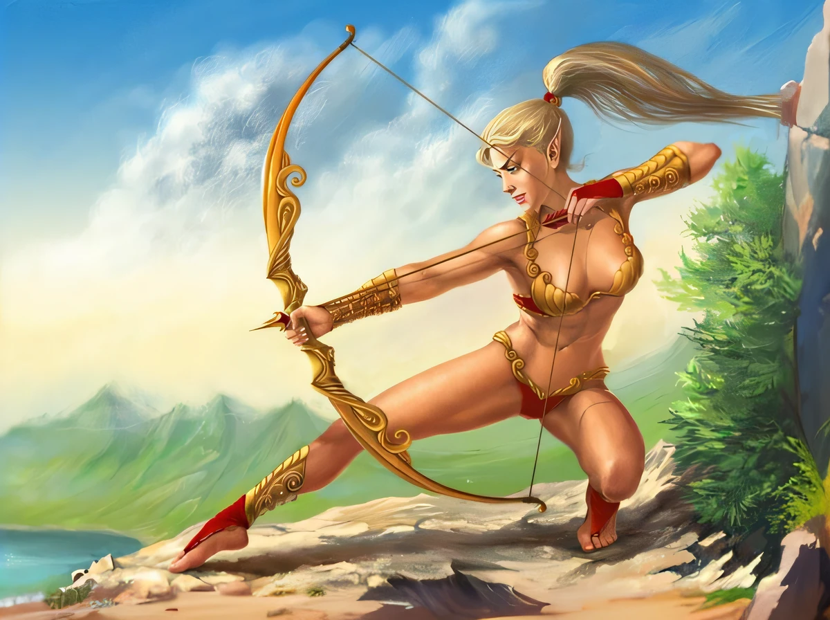 a close up of a woman with a bow and a bow, highes definition, full screen, uma guerreira loira sexy, com arco e flecha, Ela - RA, Ela-Ra, Pose de arco de tiro heroico, female archer, Pinup. Senhor das adagas, Mito grego pintura digital, arco e flecha, Deusa da Guerra, Menina anime com um arco e flecha, arco de arqueiro, empunhando um arco
