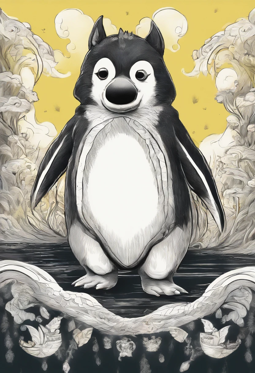 image of a creature with penguin body and black and white husky head, pot belly, husky nose, husky mouth, penguin tail, penguin legs and arms, yellow legs, comic style, crying face, prone, cute, standing