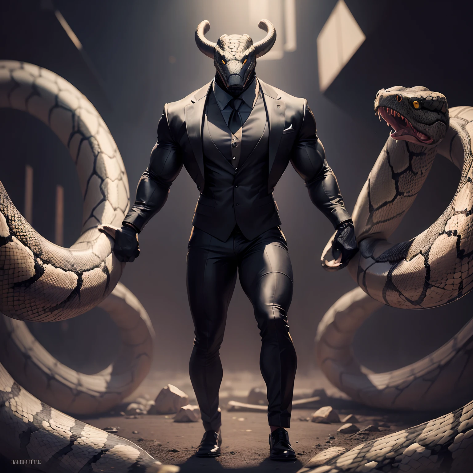 Humanoid snake muscled , with a snake's head black with a tail with 2 huge arms , in suit with a tie , full body